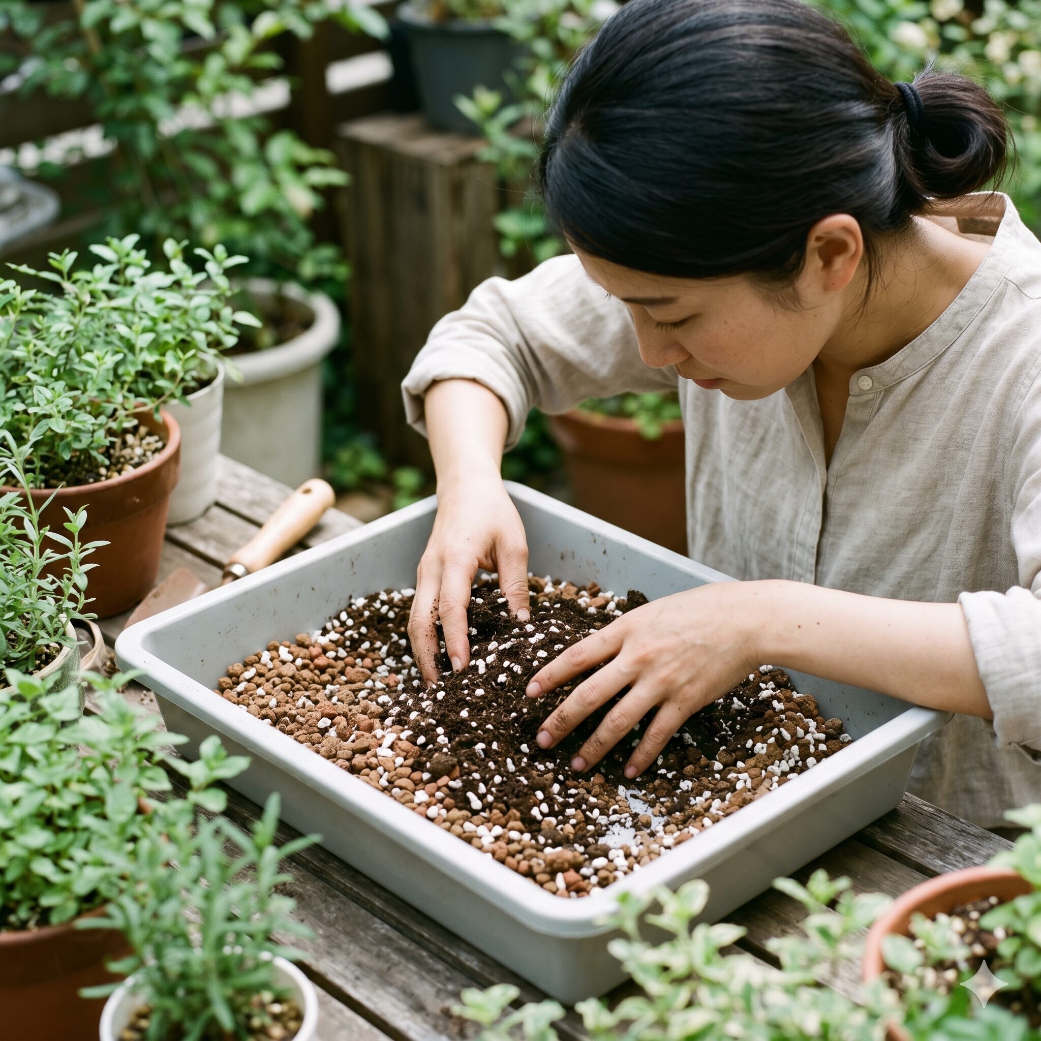 ガザニア 植え替え時期6　ガザニアの植え替えに適した水はけの良い土を配合する作業。