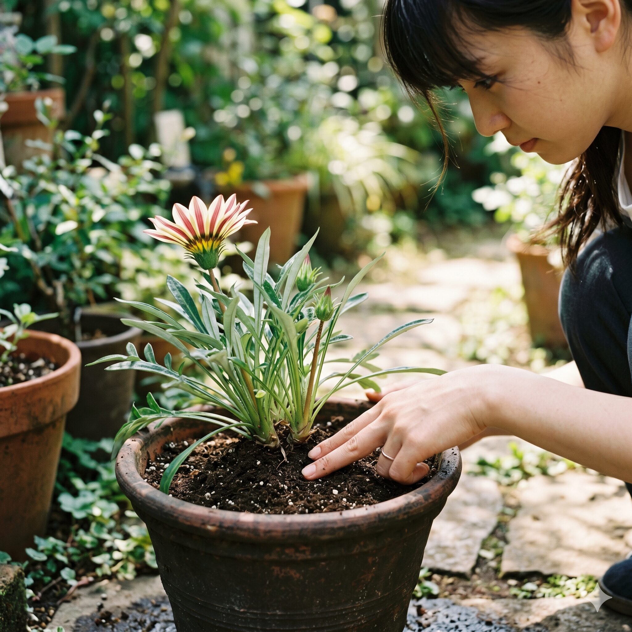 ガザニア 植え替え時期8　ガザニアの腐敗を防ぐための正しい浅植え（高植え）の解説図的イメージ。