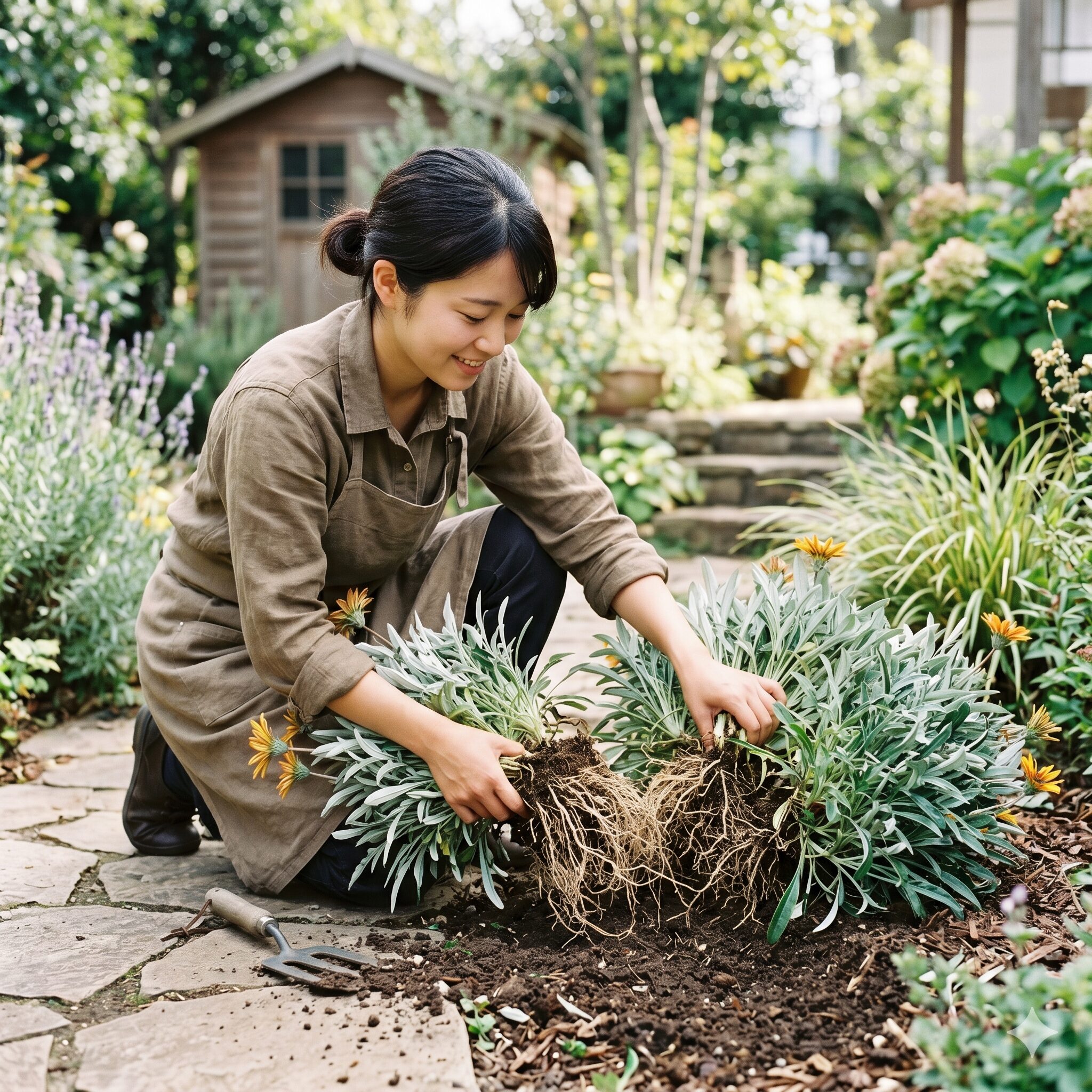 ガザニア 植え替え時期9　宿根ガザニアを株分けして増やし、株をリフレッシュさせる作業。