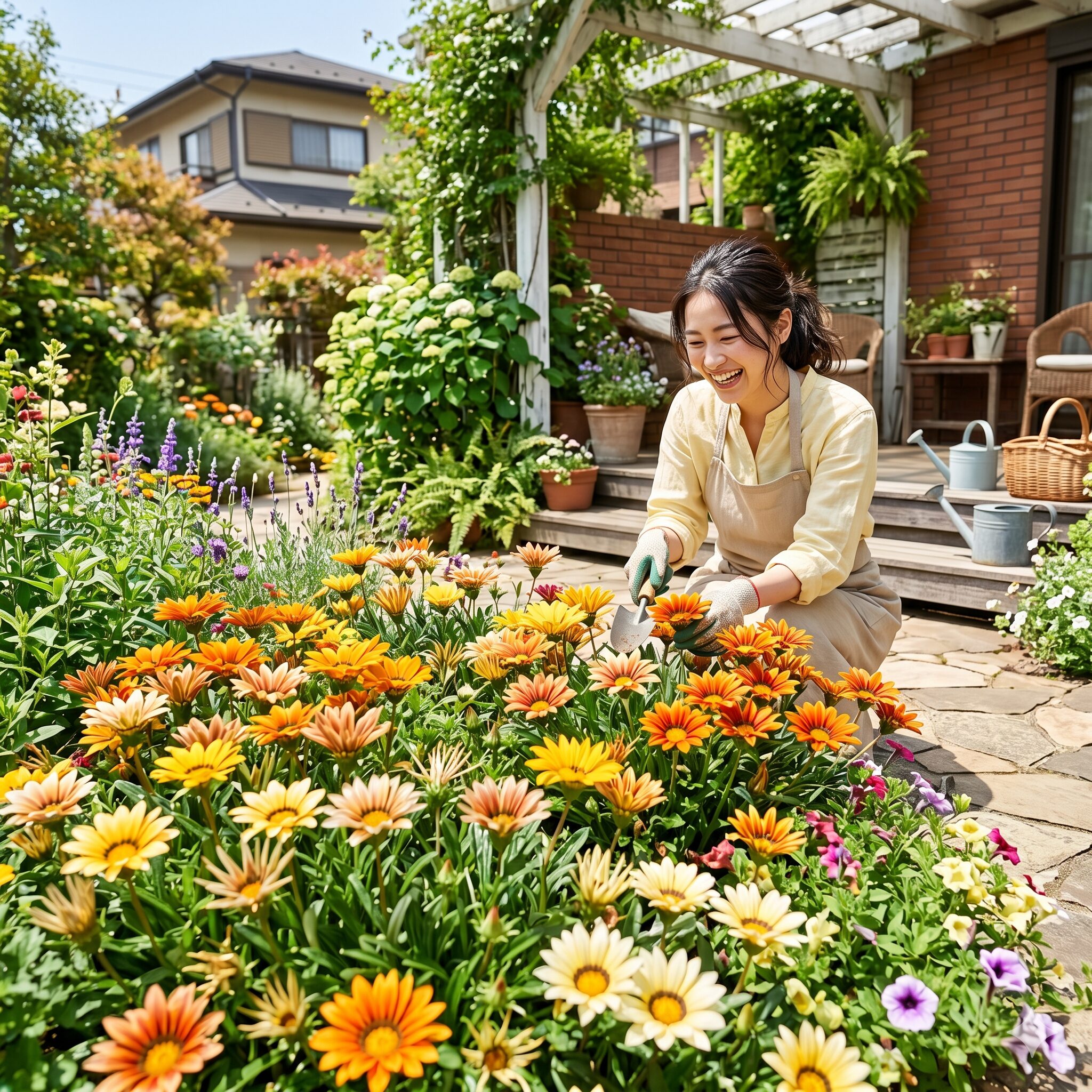 ガザニア 花が咲かない1　太陽の下で満開に咲く色鮮やかなガザニアと手入れをする日本人女性。ガザニアを咲かせる育て方のイメージ。