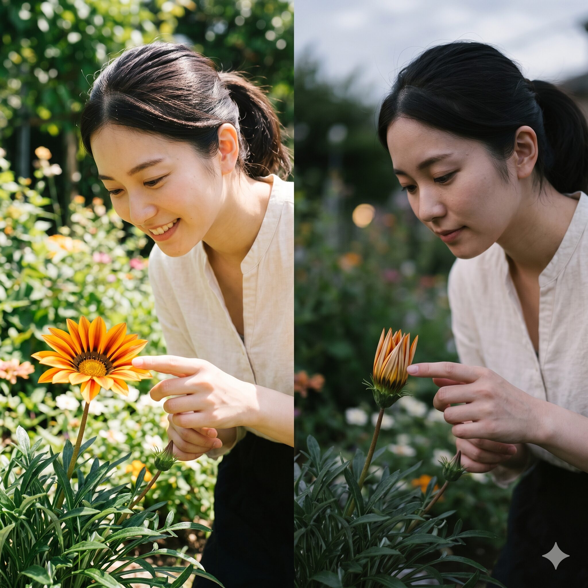 ガザニア 花が咲かない2　ガザニアの光傾性による花の開閉の比較。日照不足で花が閉じている様子。