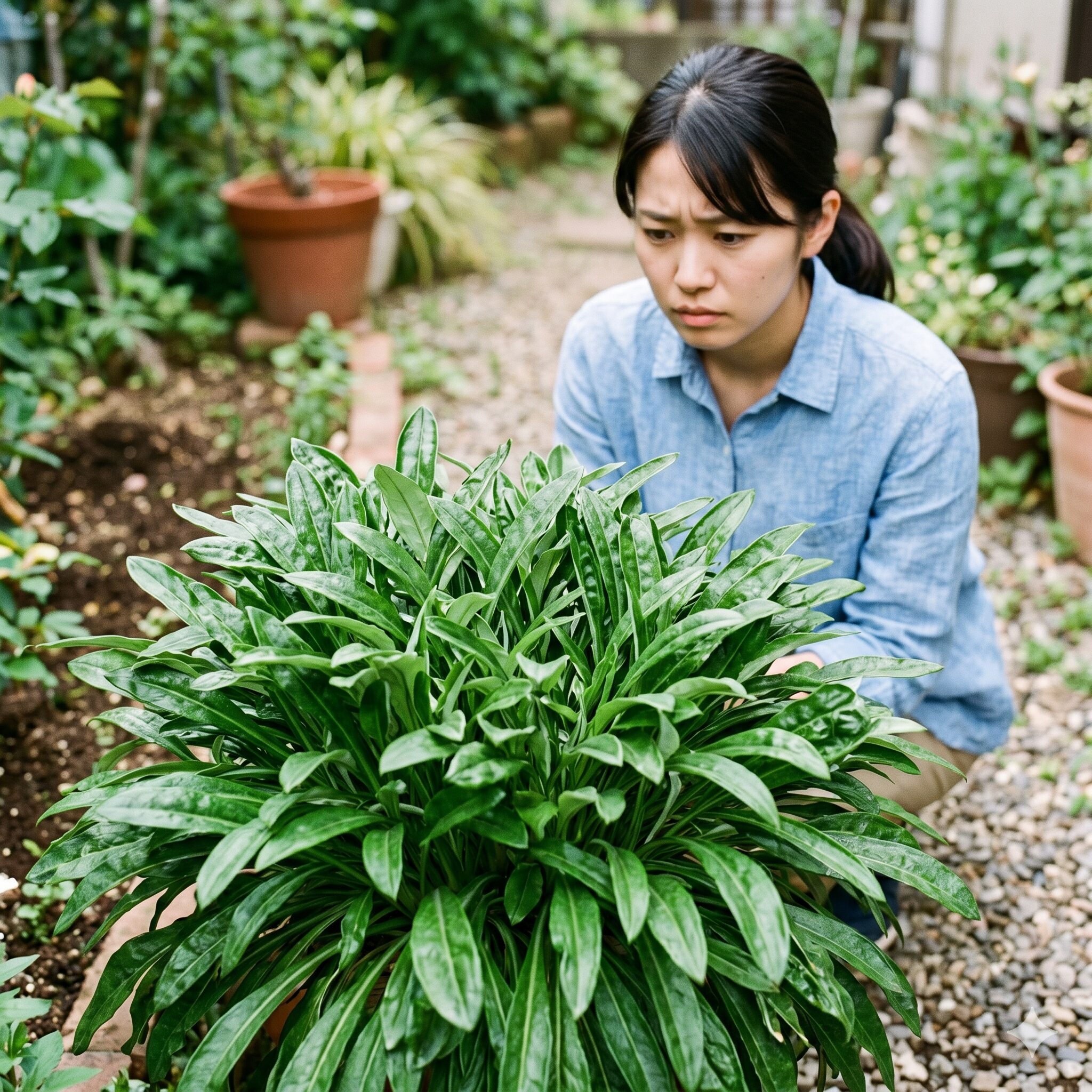 ガザニア 花が咲かない6　葉ばかりが茂り花が咲かないガザニアのつるボケ状態。窒素過多の症状。