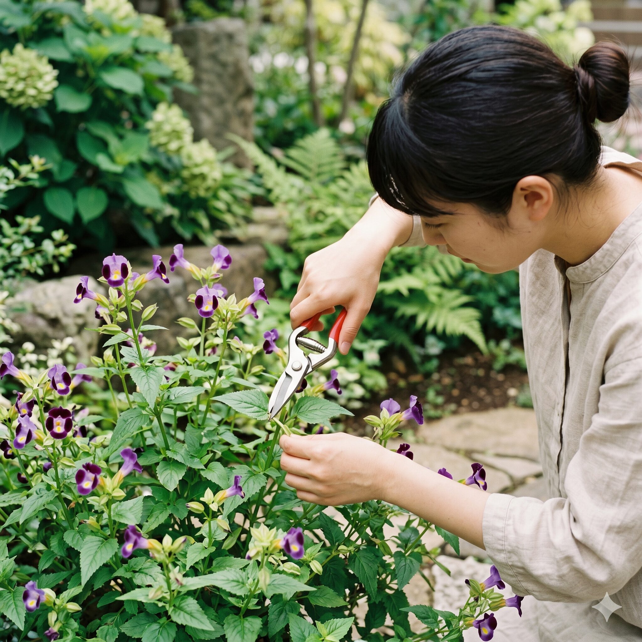 ガザニア 花が咲かない7　ガザニアの花がら摘みのやり方。花茎の付け根からカットする様子。