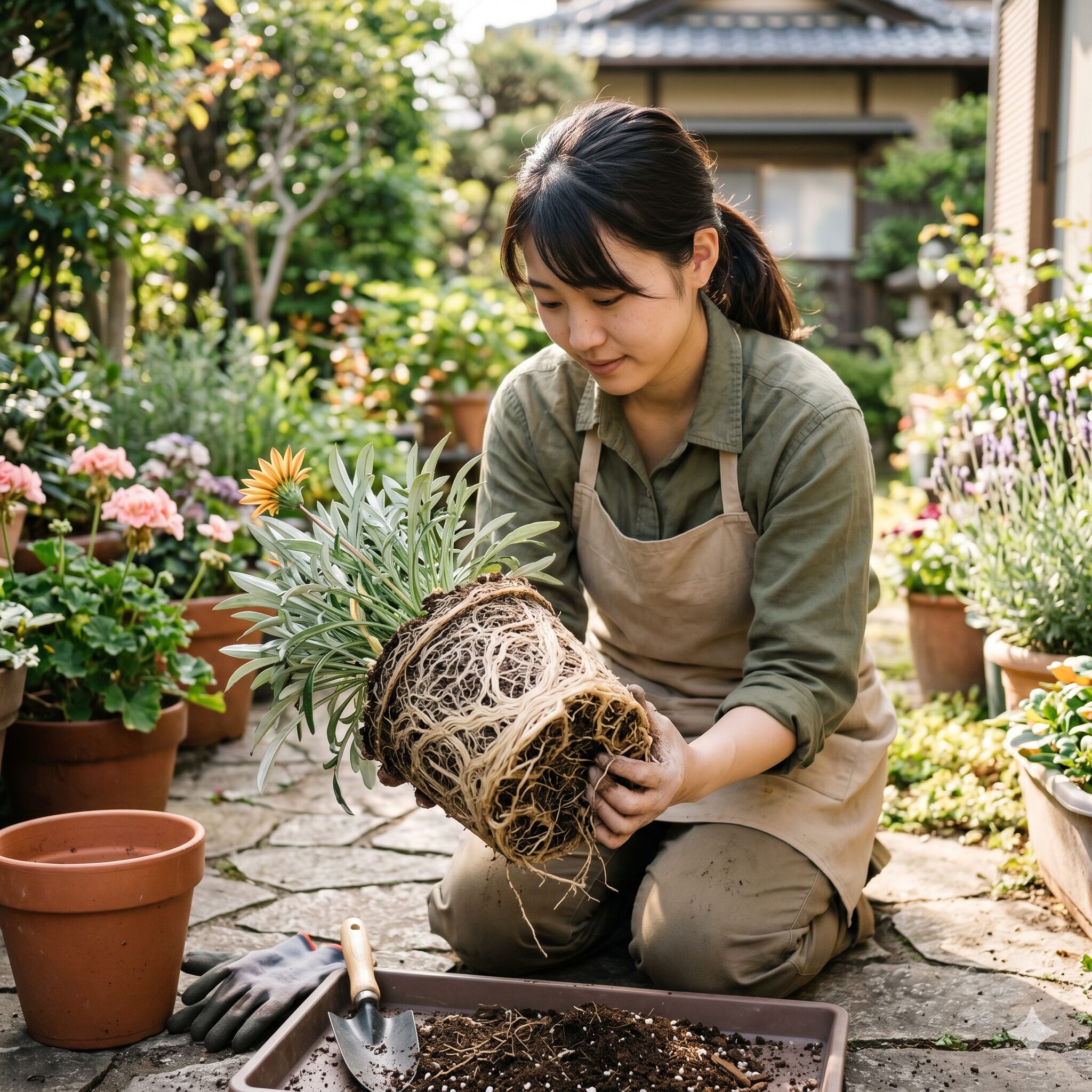 ガザニア 花が咲かない9　鉢の中で根詰まりを起こしたガザニア。植え替えと株分けが必要なサイン。