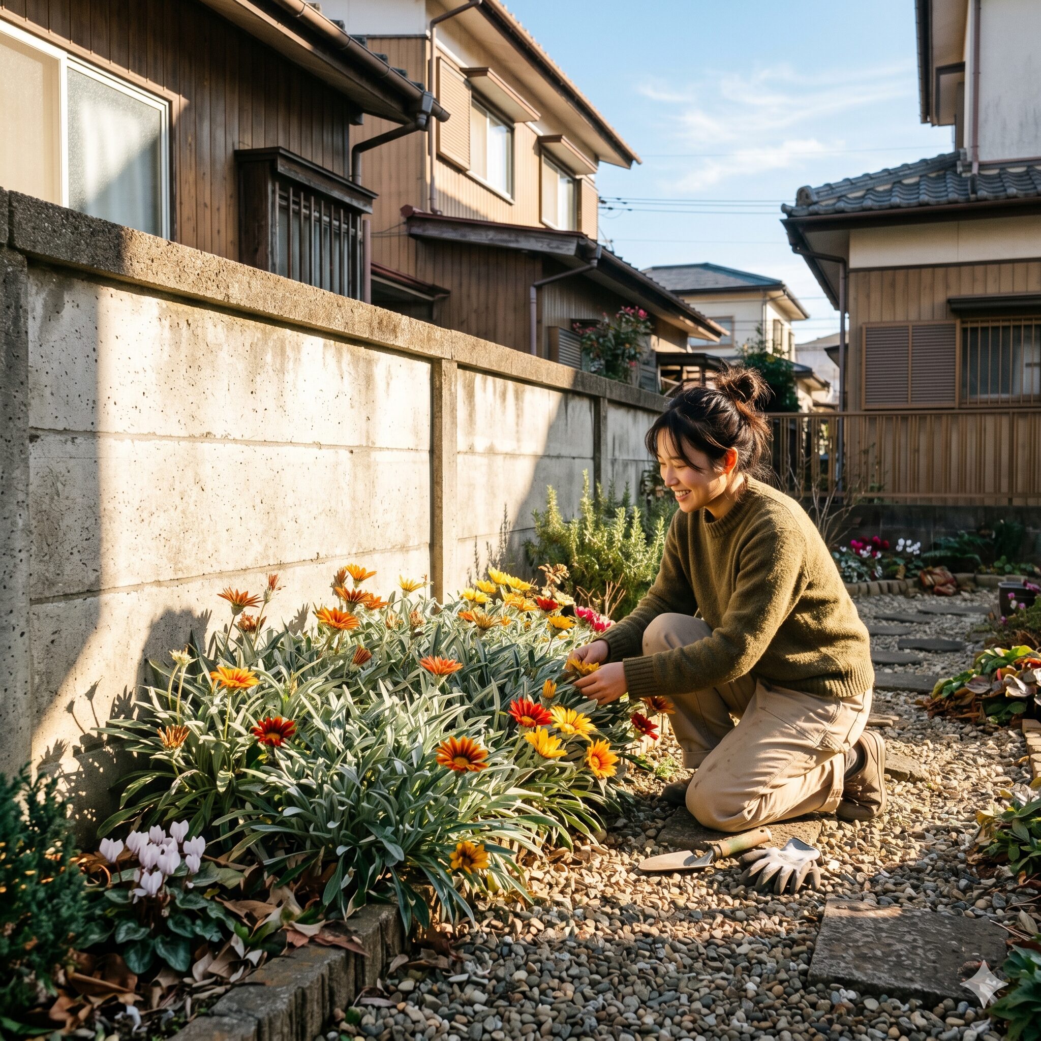 ガザニアビースト 冬越し3　冬越しに最適な日当たりの良い南向きの壁際に植えられたガザニアビースト。