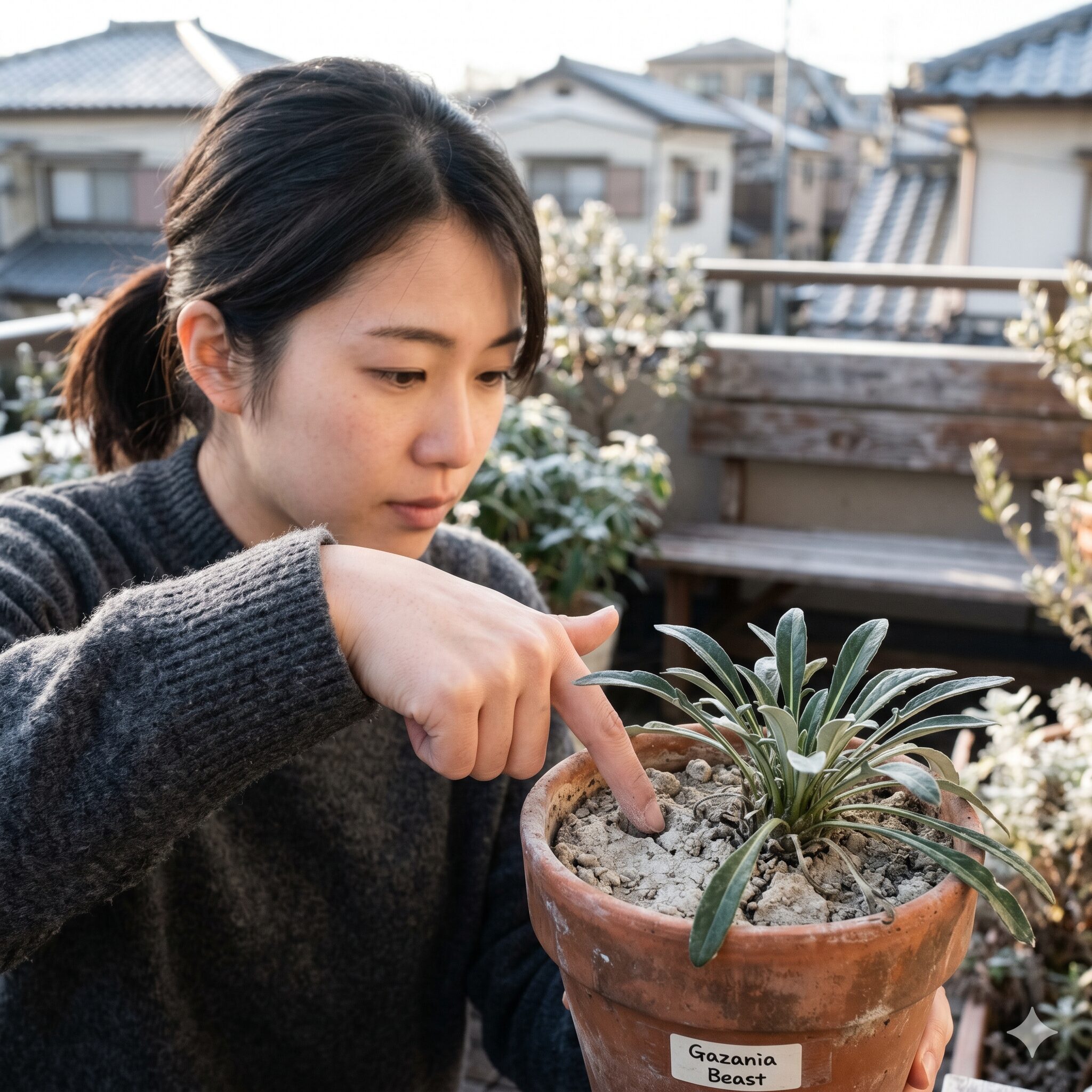 ガザニアビースト 冬越し7　冬のガザニアビーストの水やりタイミングを確認するために土の乾燥状態をチェックする様子。
