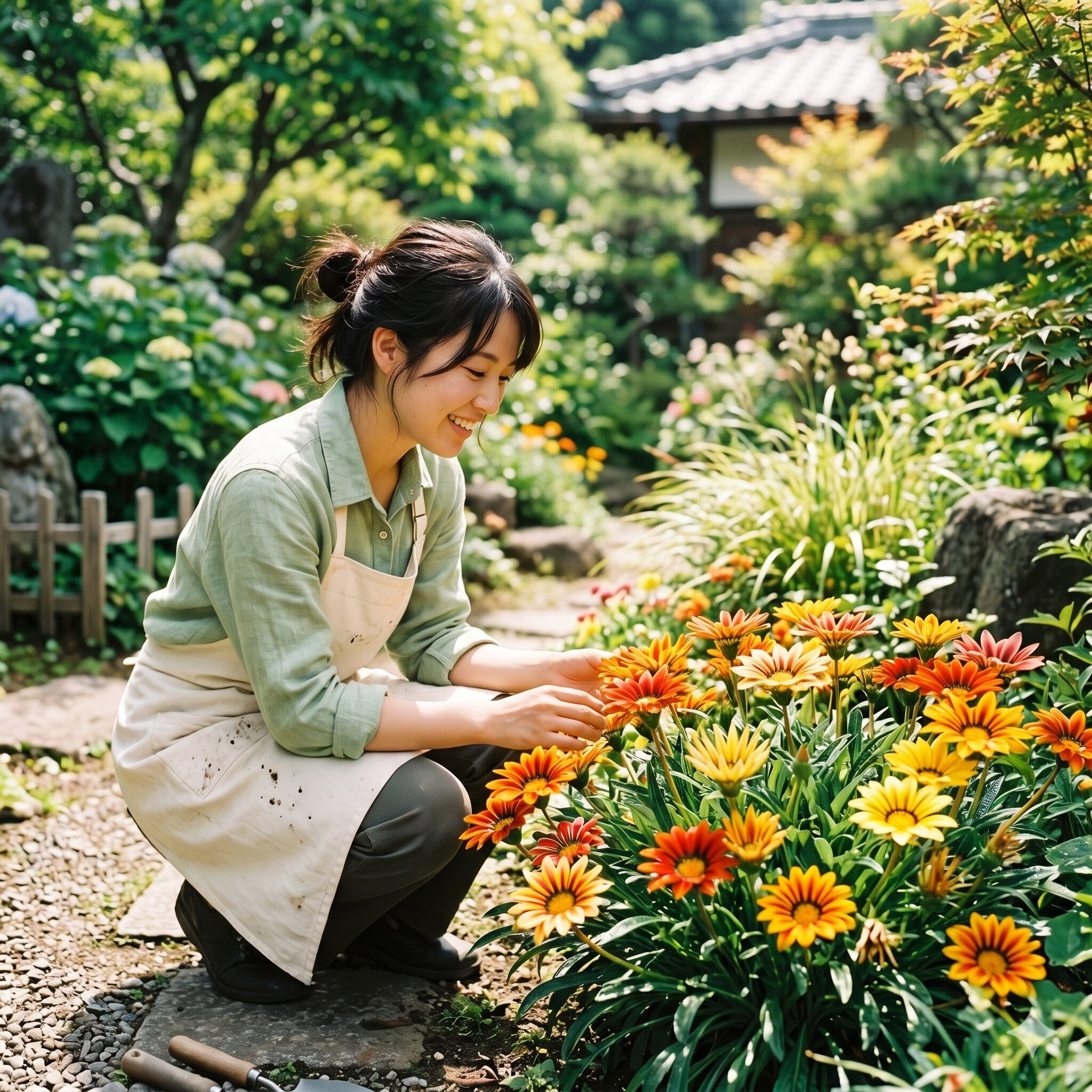 ガザニアビースト 育て方1　満開のガザニアビーストが咲き誇る庭で花を眺める日本人女性
