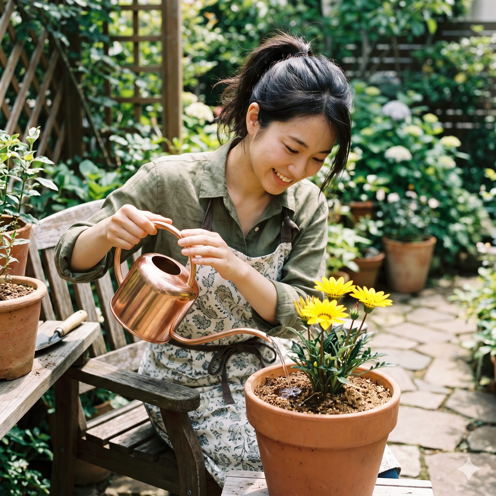 ガザニアビースト 育て方6　土が乾いたタイミングで鉢植えのガザニアビーストの株元に水やりをする日本人女性