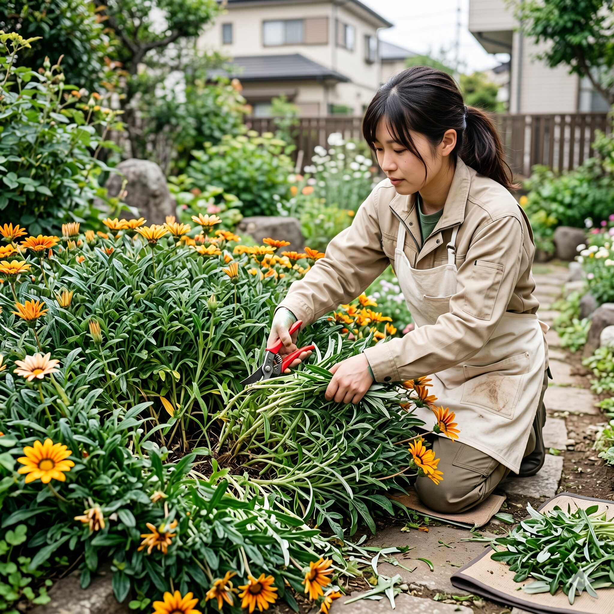 ガザニアビースト 育て方8　蒸れを防ぎ株を若返らせるためにガザニアビーストを切り戻し剪定する作業