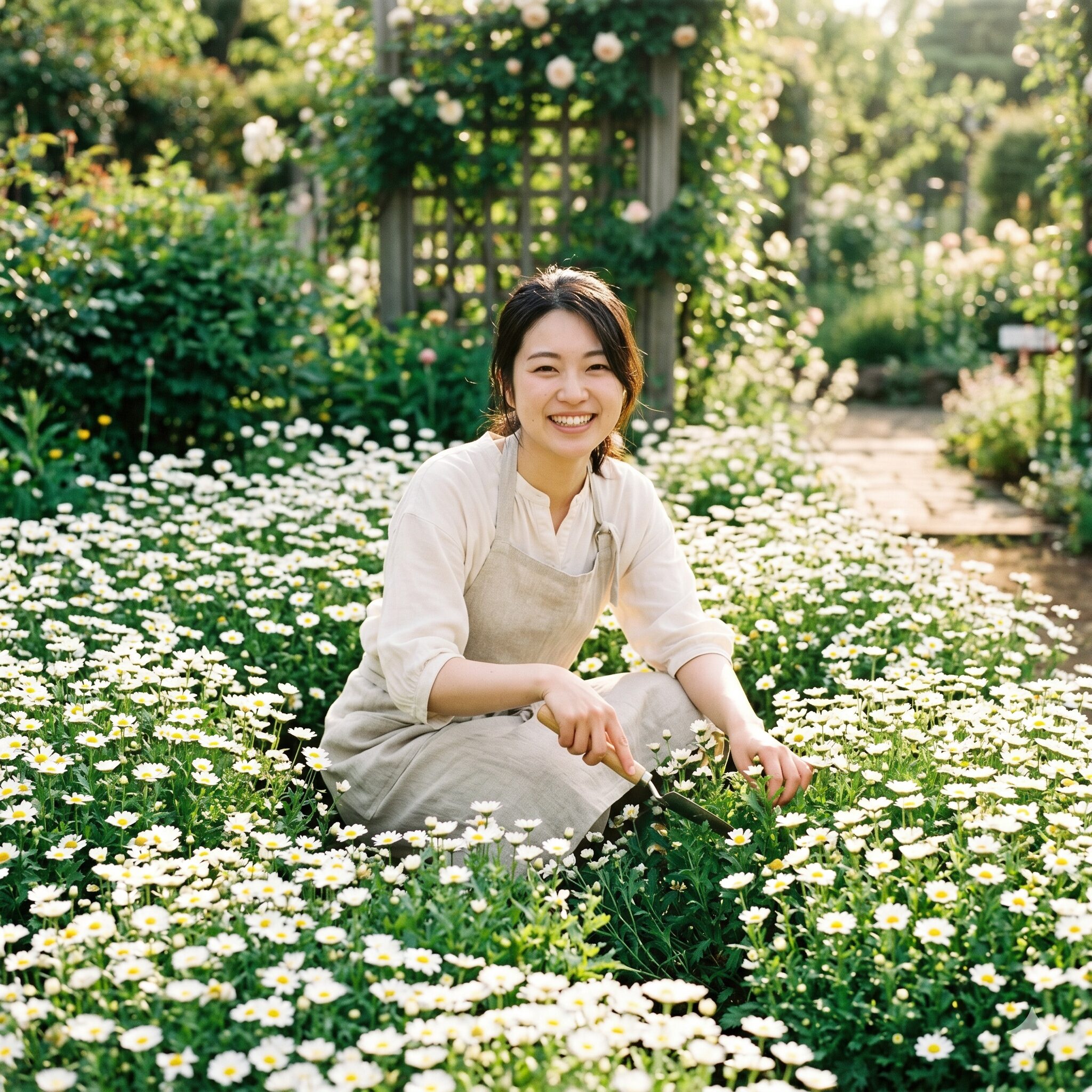 スノーポール ノースポール 違い1　春の庭で満開のノースポールの花を手入れする若い日本人女性。ノースポールの特徴や育て方を解説するメインビジュアル。