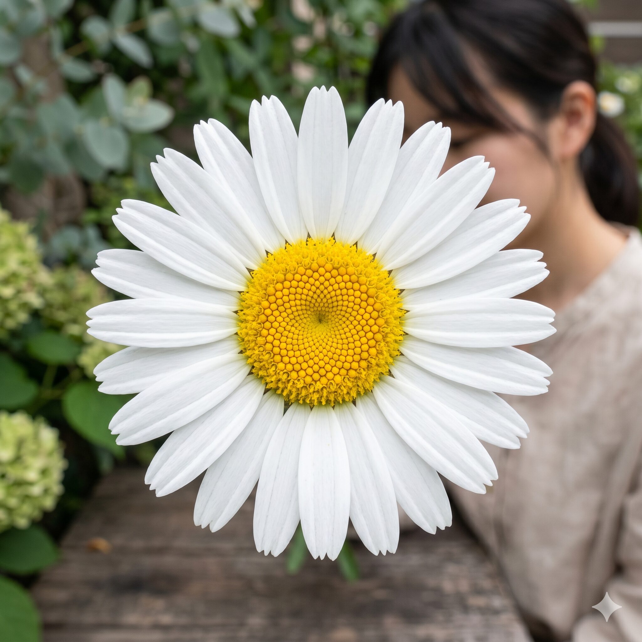 スノーポール ノースポール 違い4　レウカンセマム・パルドサム（ノースポール）の花の接写。黄色い中心部と白い花びらの植物学的構造がよく分かる写真。