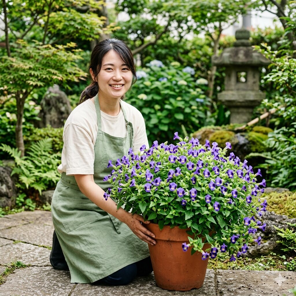 スーパー トレニア 冬越し1　夏から秋にかけて満開に咲くスーパートレニア・カタリーナの美しい鉢植えの様子。