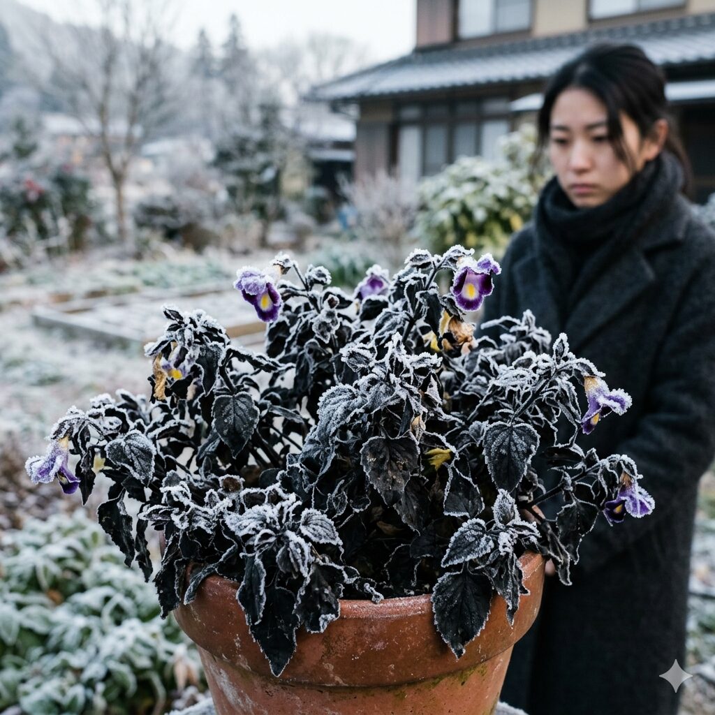 スーパー トレニア 冬越し3　厳しい霜に当たって葉が黒く枯れてしまったスーパートレニアのダメージ。