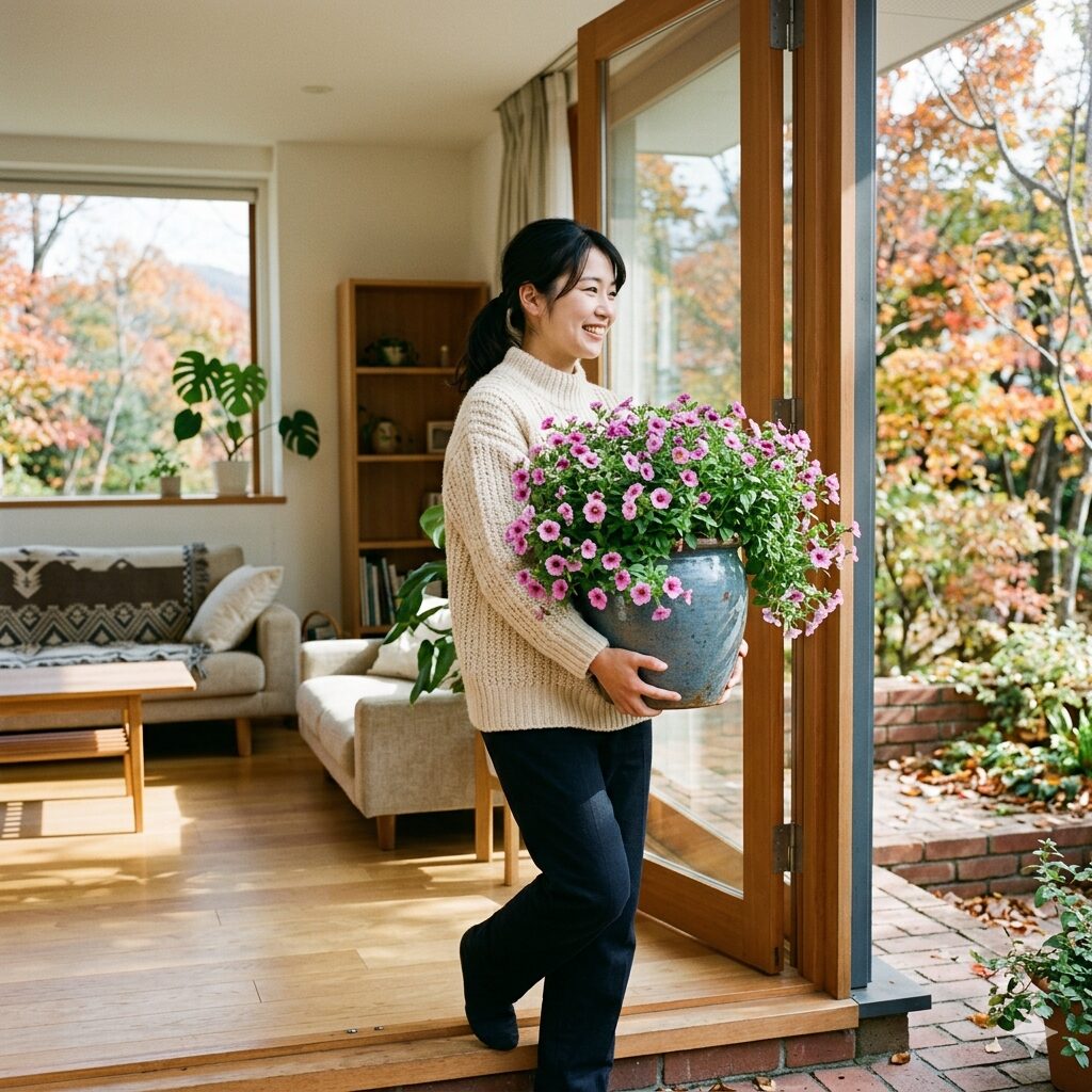 スーパー トレニア 冬越し4　冬の寒さから守るためスーパートレニアを室内へ取り込む日本人女性。
