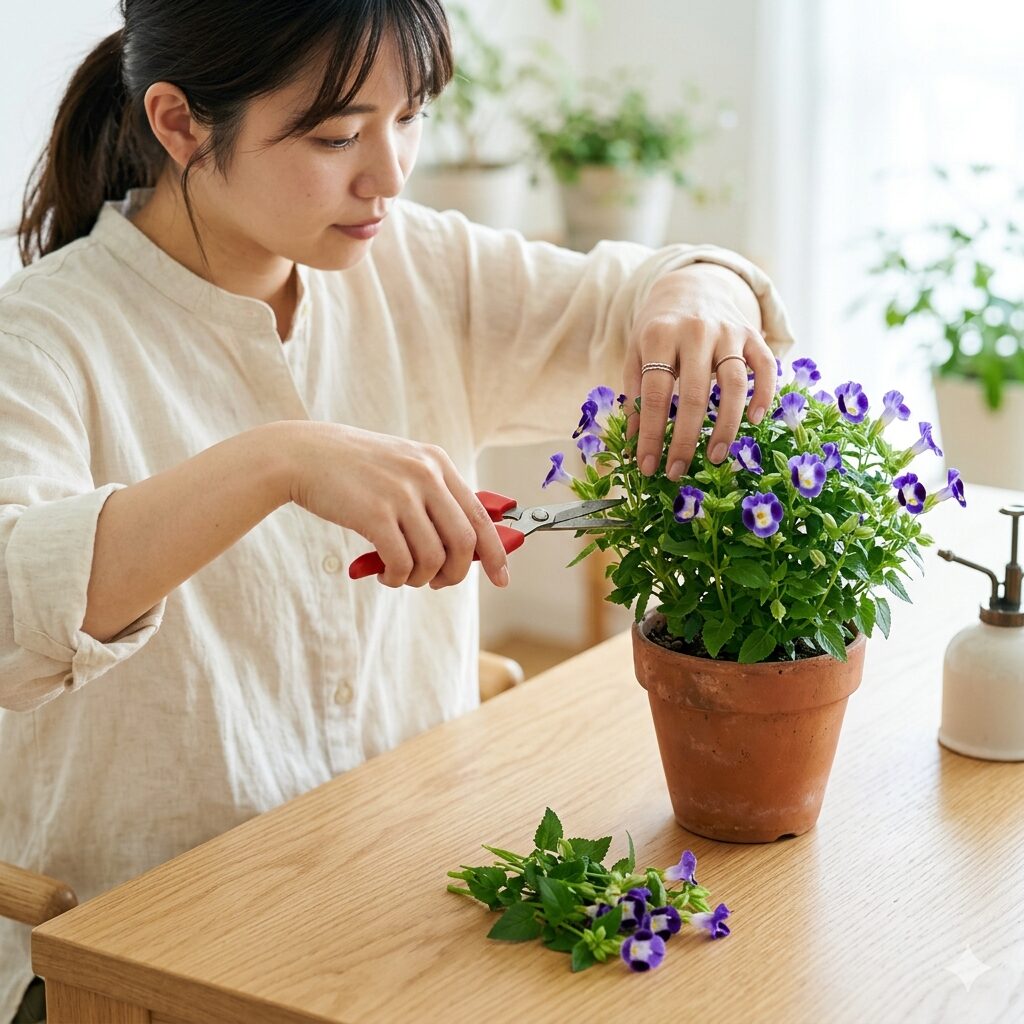 スーパー トレニア 冬越し5　冬越しのためにスーパートレニアの親株を大胆に切り戻す剪定作業。