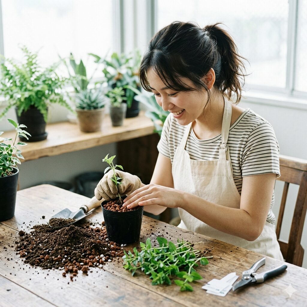 スーパー トレニア 冬越し6　スーパートレニアの挿し木苗を作って冬越しの準備をする日本人女性。