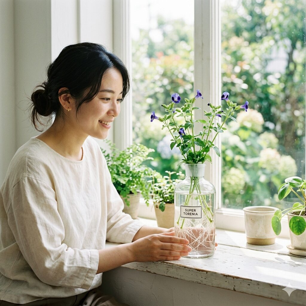 スーパー トレニア 冬越し7　透明な瓶で水挿し（水栽培）を行い、発根したスーパートレニア。