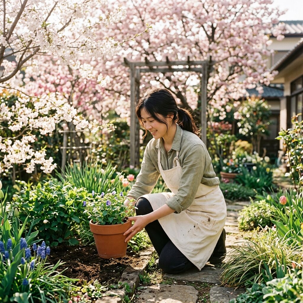 スーパー トレニア 冬越し9　春になり八重桜の開花に合わせてスーパートレニアを屋外へ出す様子。