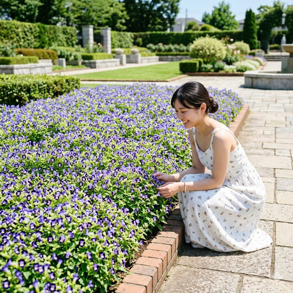 スーパー トレニア 花壇1　夏の花壇で満開のスーパートレニアに囲まれて笑顔を見せる日本人女性のアイキャッチ画像