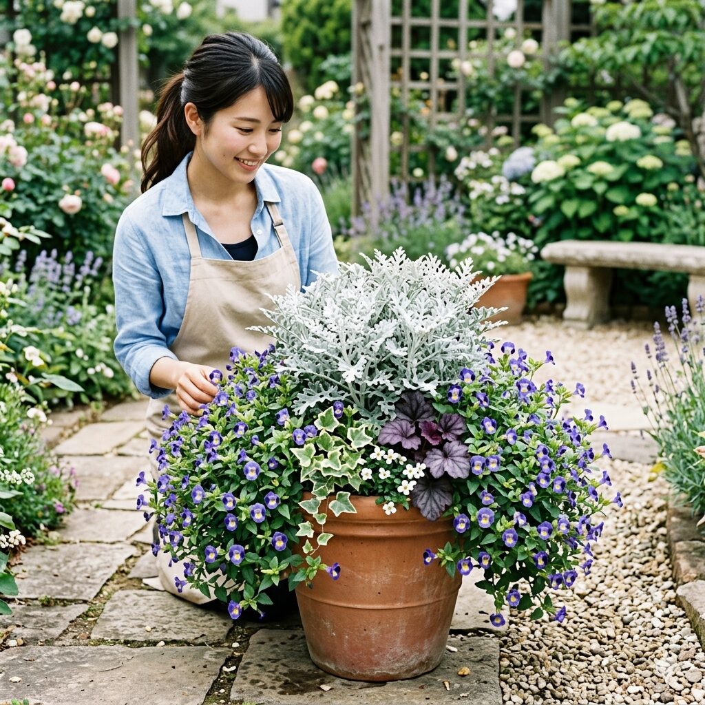スーパー トレニア 花壇10　スーパートレニアとシルバーリーフを組み合わせた夏に涼しげな寄せ植えの配色例