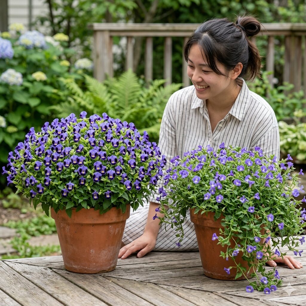 スーパー トレニア 花壇2　スーパートレニアのカタリーナ（ドーム状）とサマーミスト（這い性）の形状の違いを比較した写真