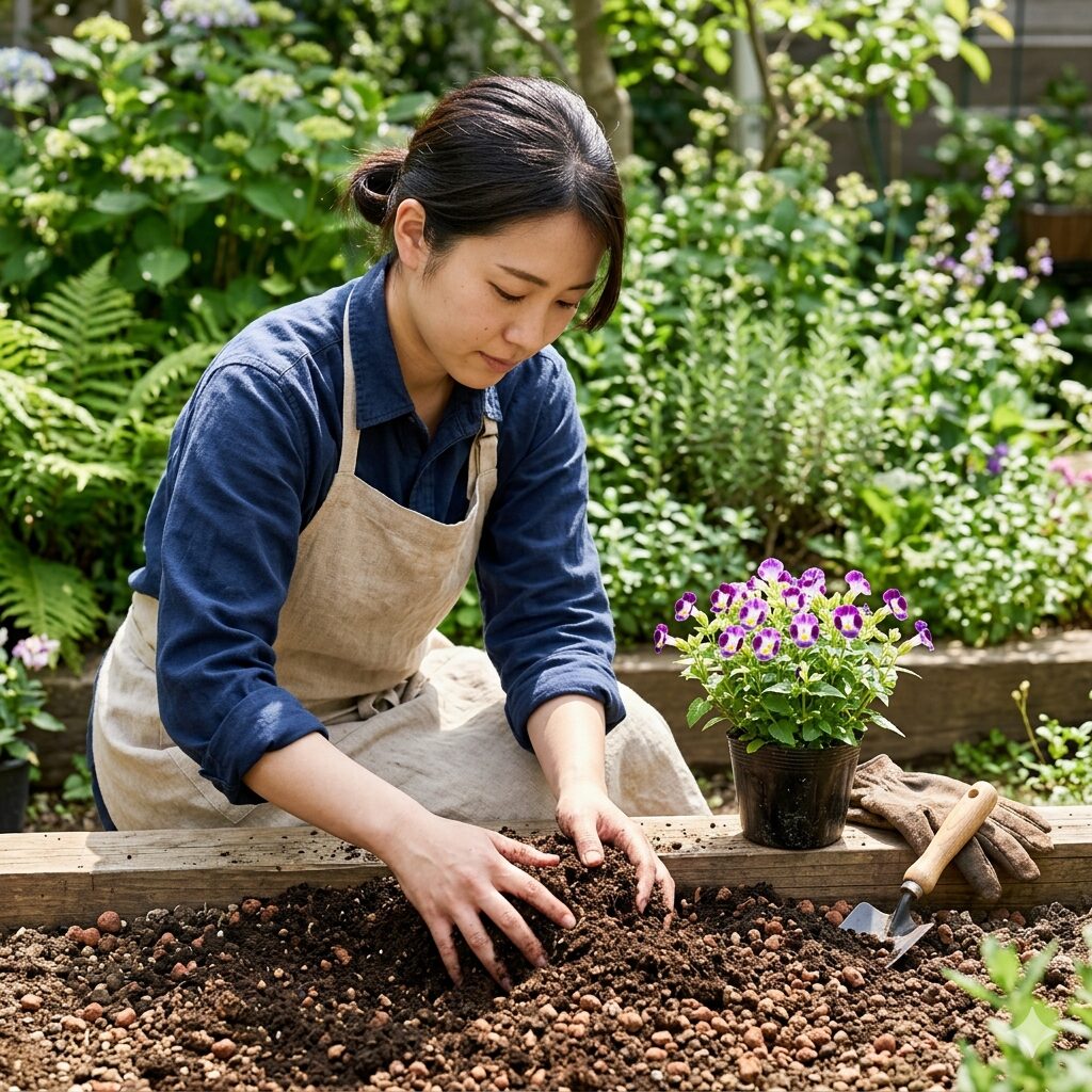 スーパー トレニア 花壇4　スーパートレニアを植え付けるために腐葉土などを混ぜて土作りをする様子