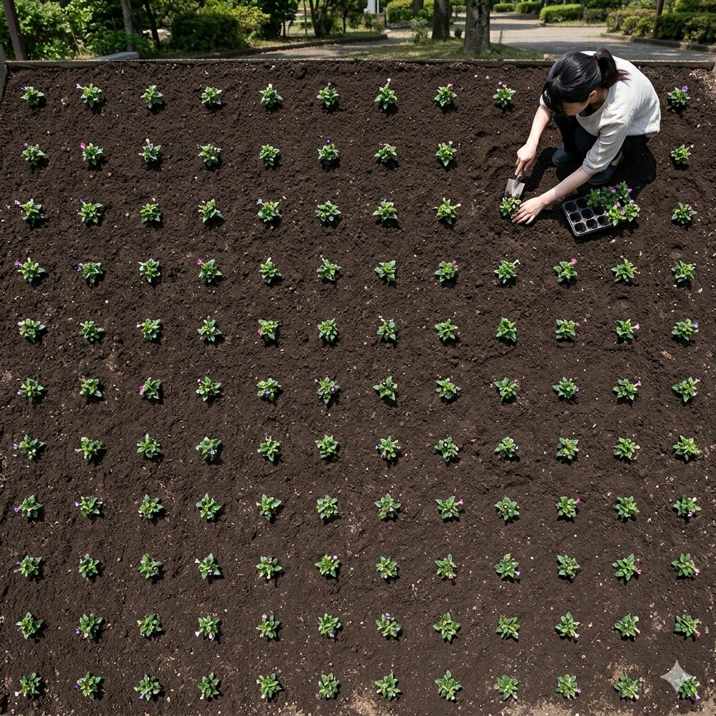 スーパー トレニア 花壇5　スーパートレニアの大きな成長を見越して約50cmの広い株間を空けて植えた花壇