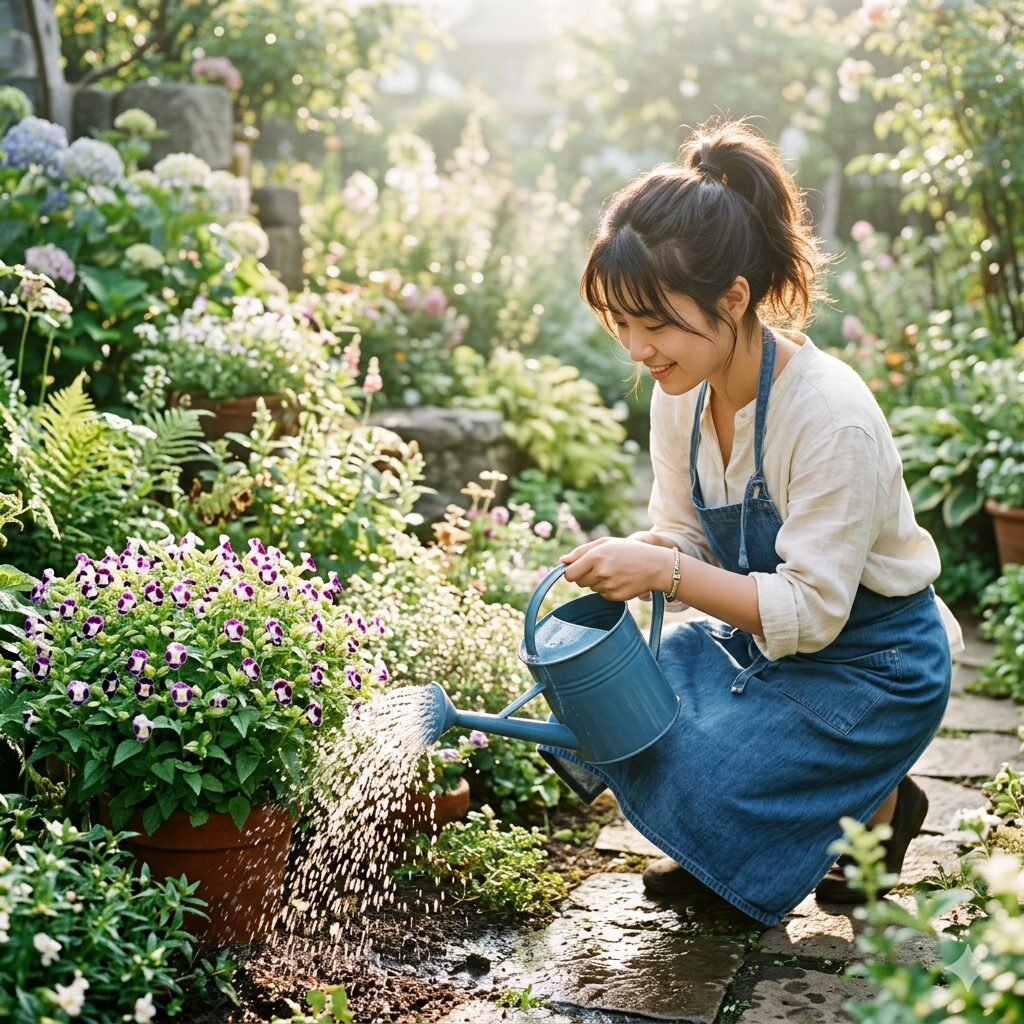 スーパー トレニア 花壇6　真夏の早朝にスーパートレニアの株元へ丁寧に水やりを行う様子