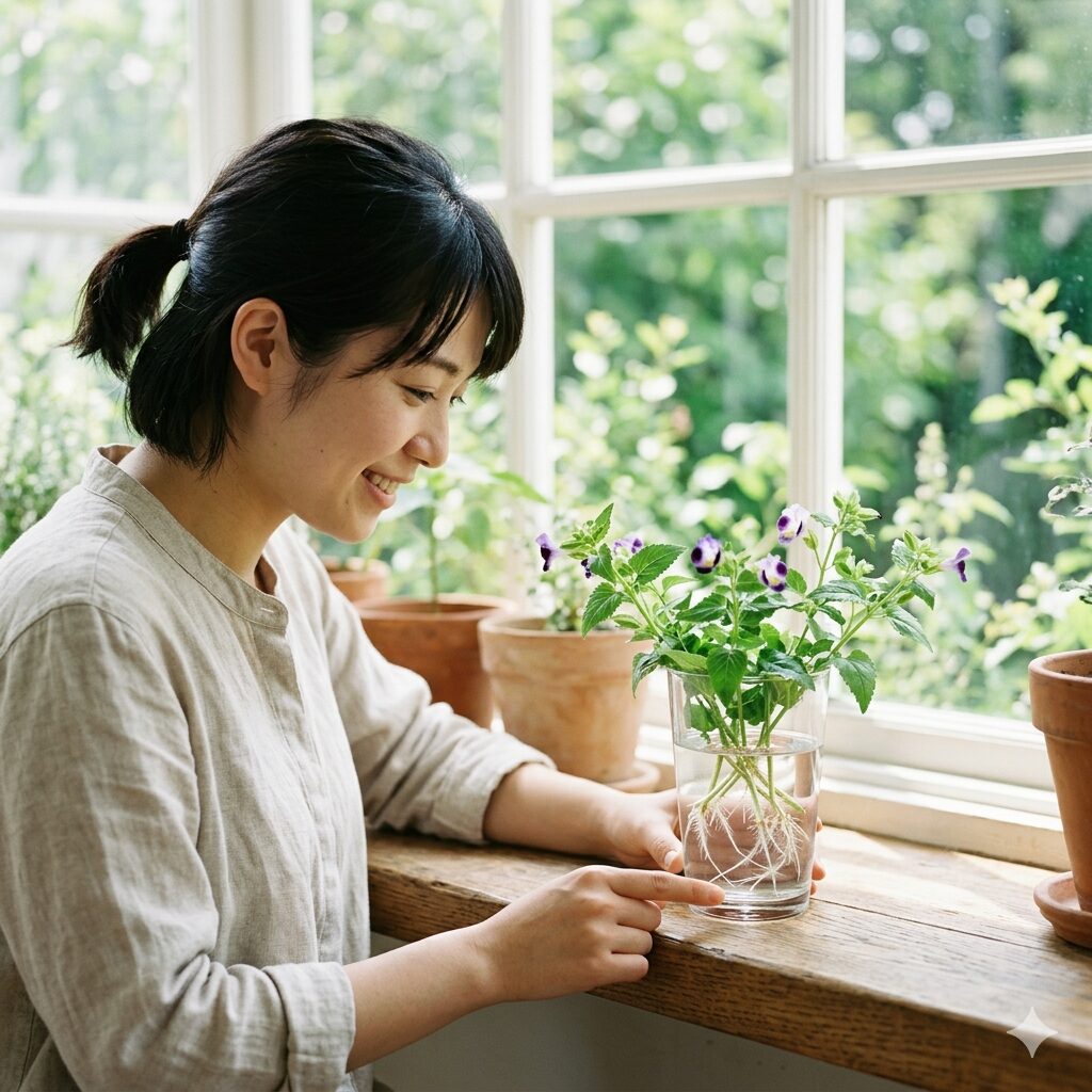 スーパー トレニア 花壇8　スーパートレニアの茎から白い根が伸びている水挿し（挿し芽）の様子