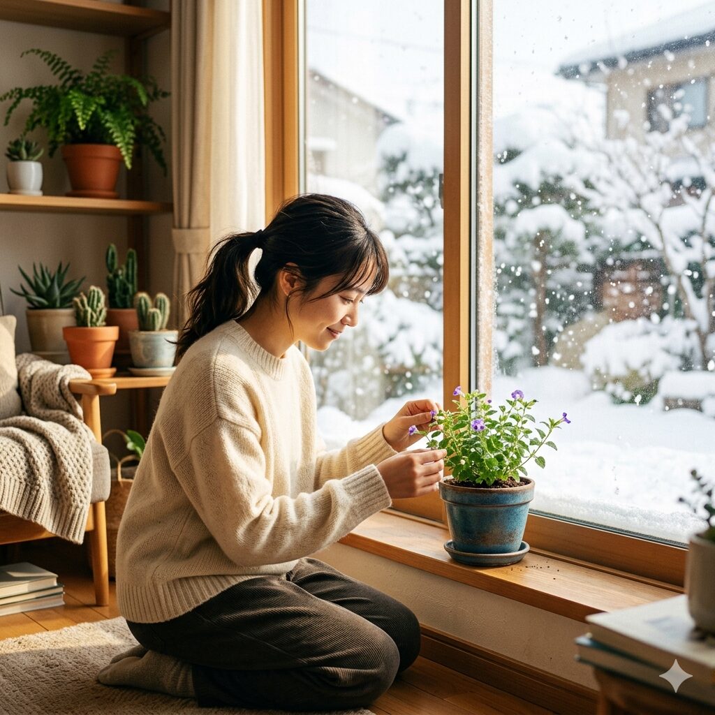 スーパー トレニア 花壇9　寒さを避けて冬の間だけ室内で管理されているスーパートレニアの鉢植え