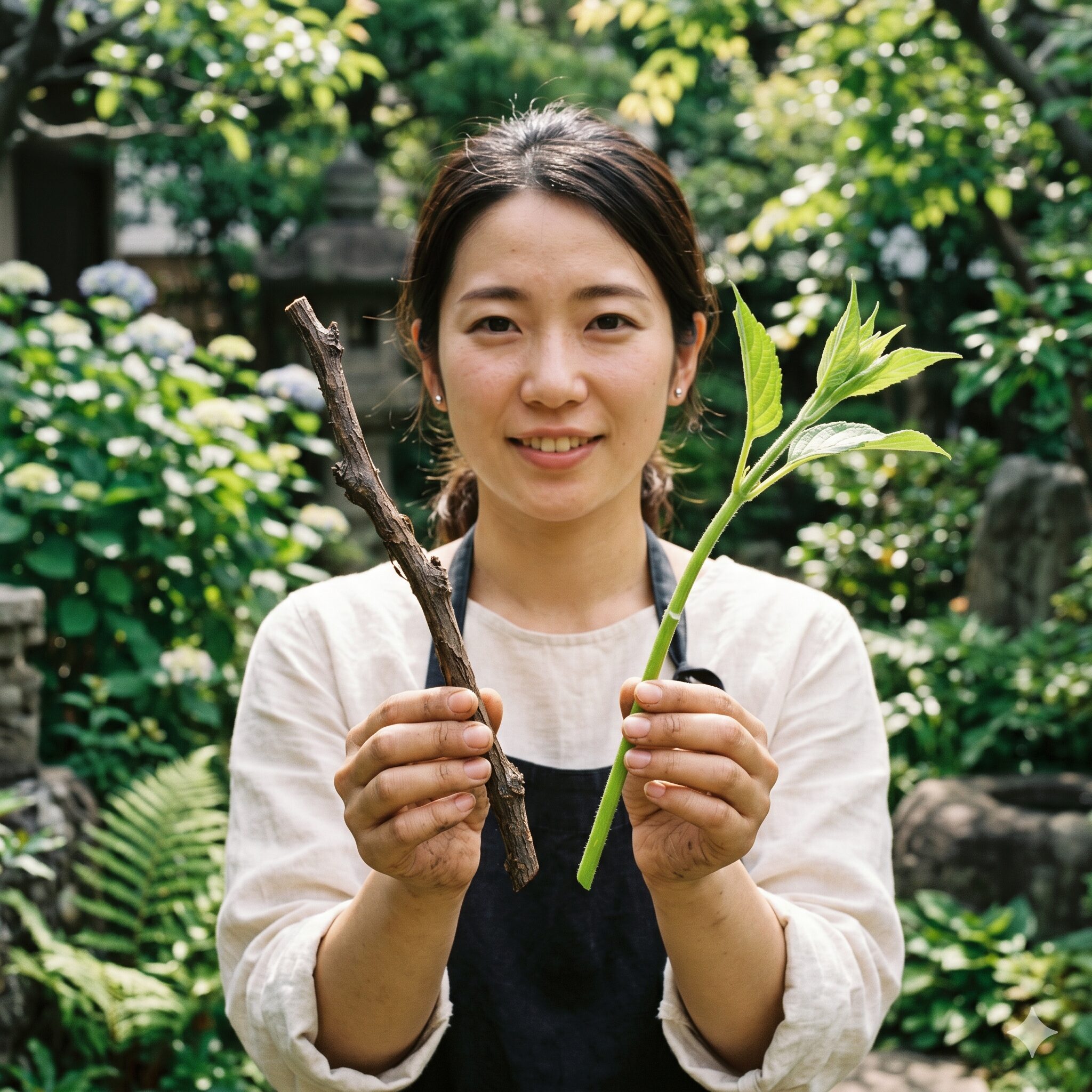 チェリーセージ 剪定 時期5　チェリーセージの木質化した古い茎と瑞々しい緑色の新しい枝の比較写真