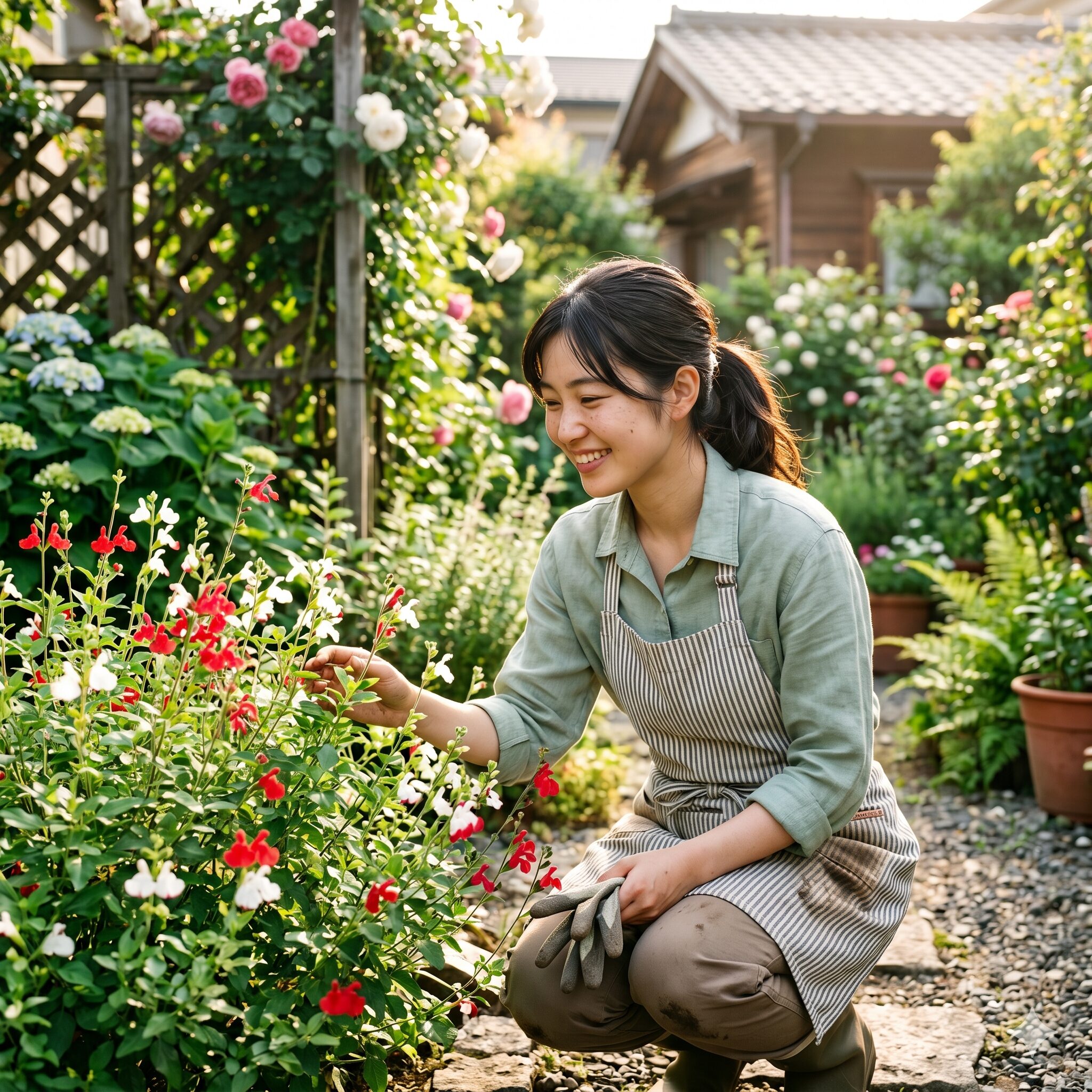 チェリーセージ 木質化1　庭で満開のチェリーセージを笑顔で手入れする若い日本人女性。