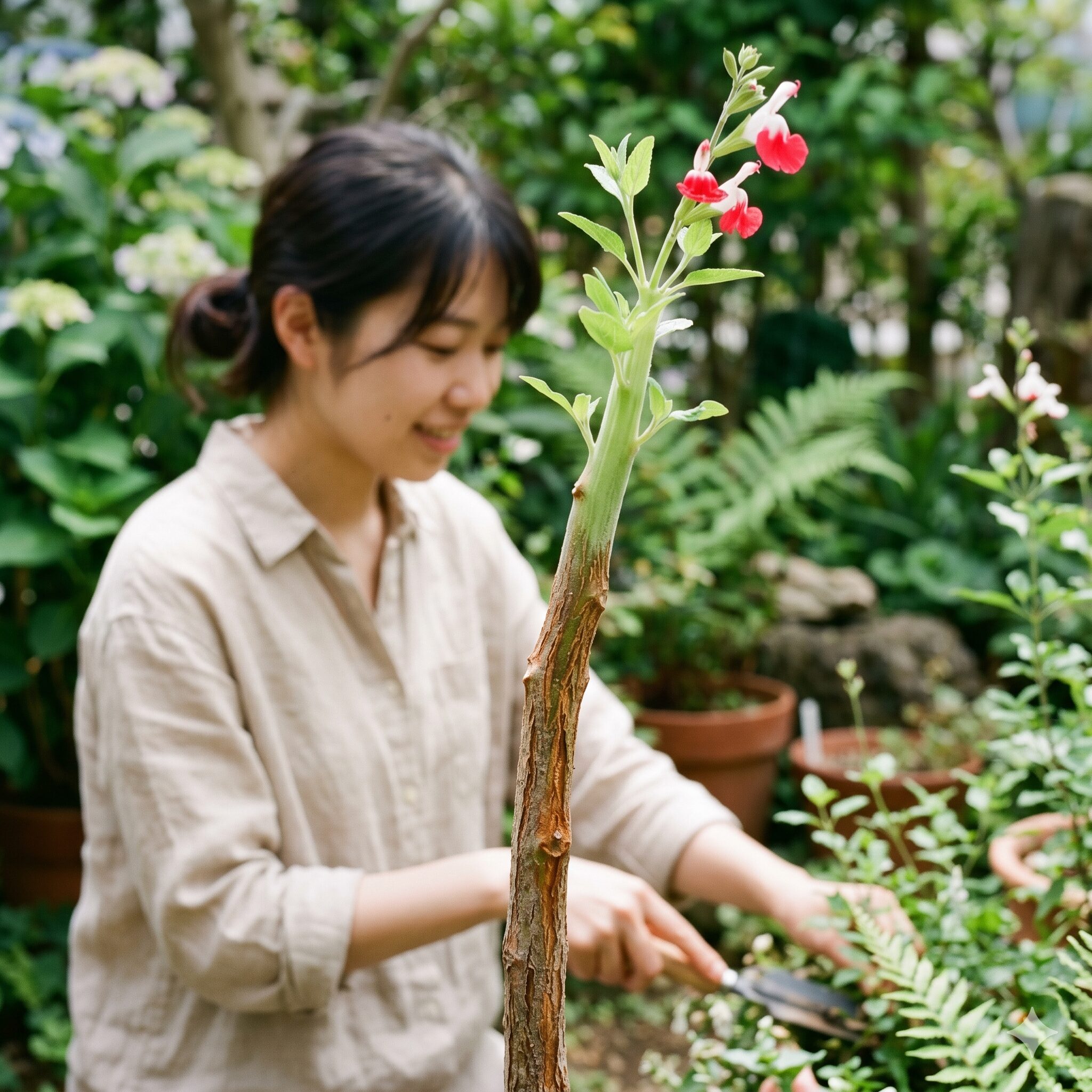 チェリーセージ 木質化2　チェリーセージの茎が緑色から茶色の木質へ変化する生理的現象の接写。