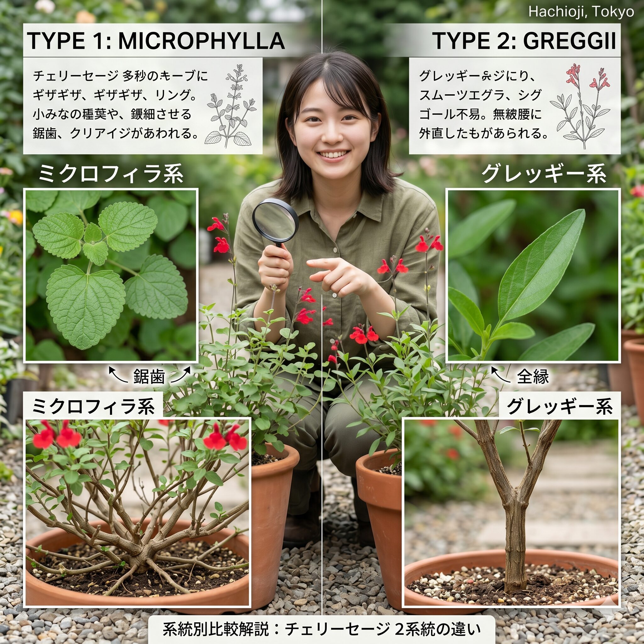 チェリーセージ 木質化4　チェリーセージのミクロフィラ系とグレッギー系の特徴的な葉と株姿の比較。