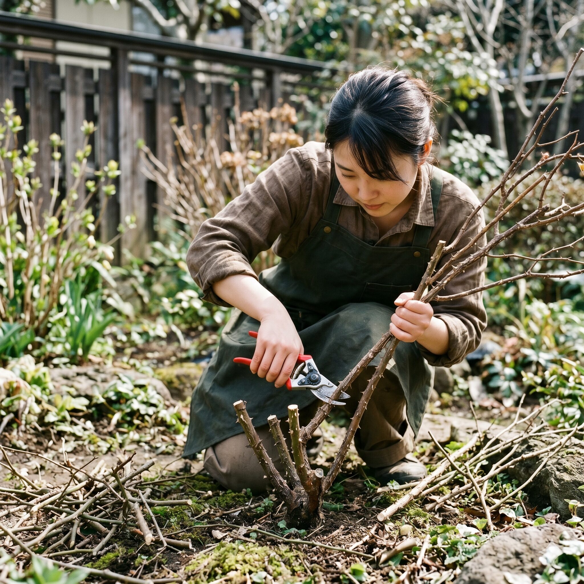 チェリーセージ 木質化7　チェリーセージの株を若返らせるための早春の強剪定作業。