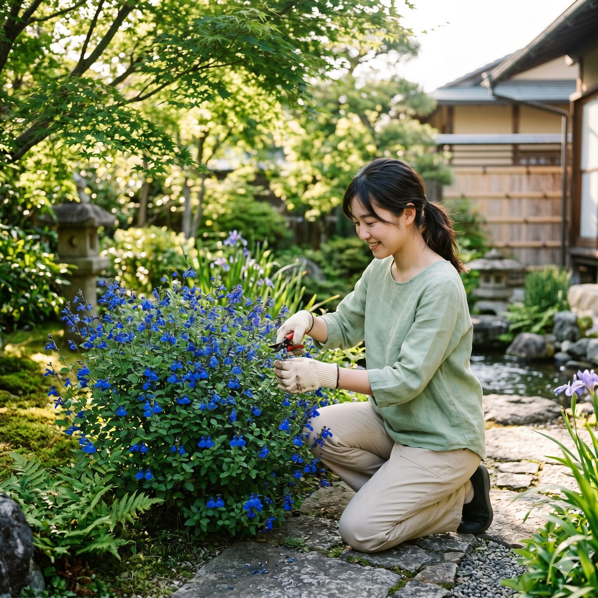 チェリーセージ 青1　青いチェリーセージが咲く庭で手入れをする日本人女性の様子