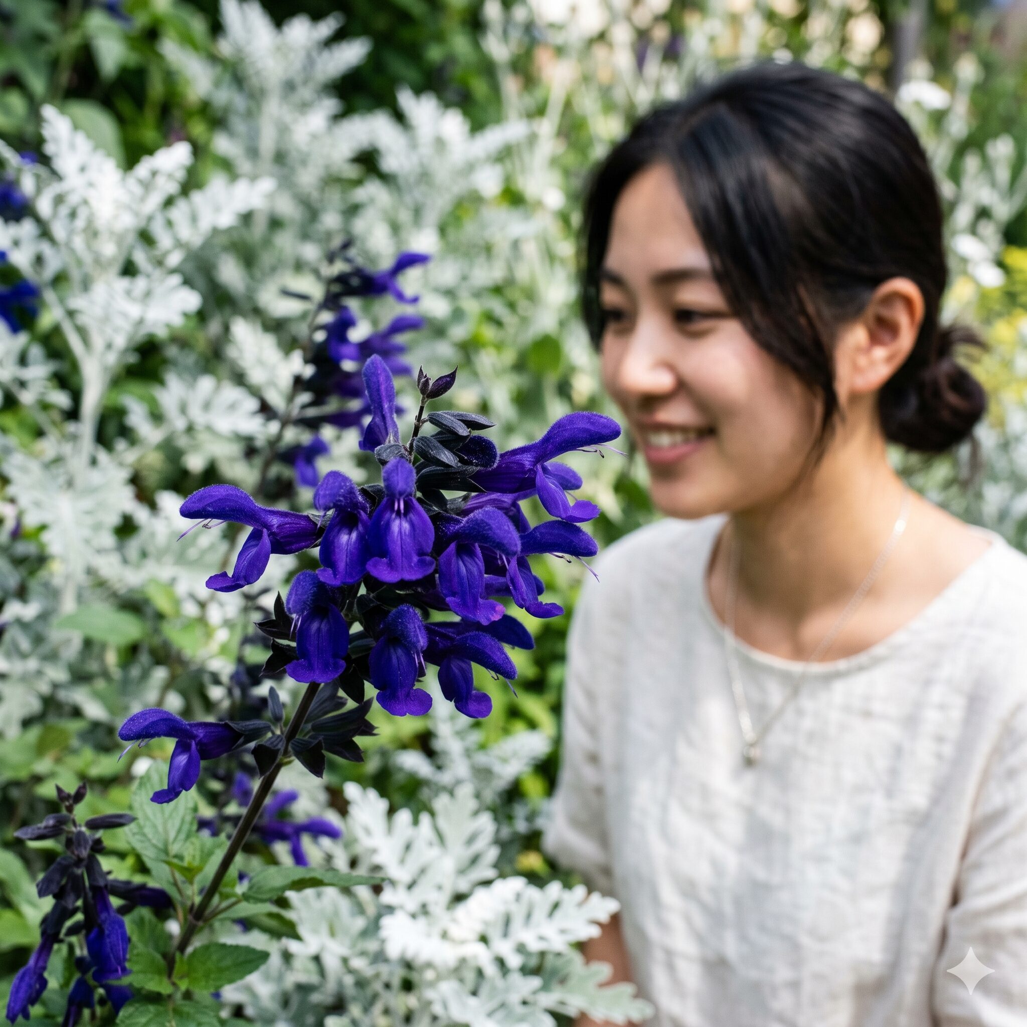 チェリーセージ 青2　濃い青紫色が美しいチェリーセージ「ブルーノート」の花のアップ