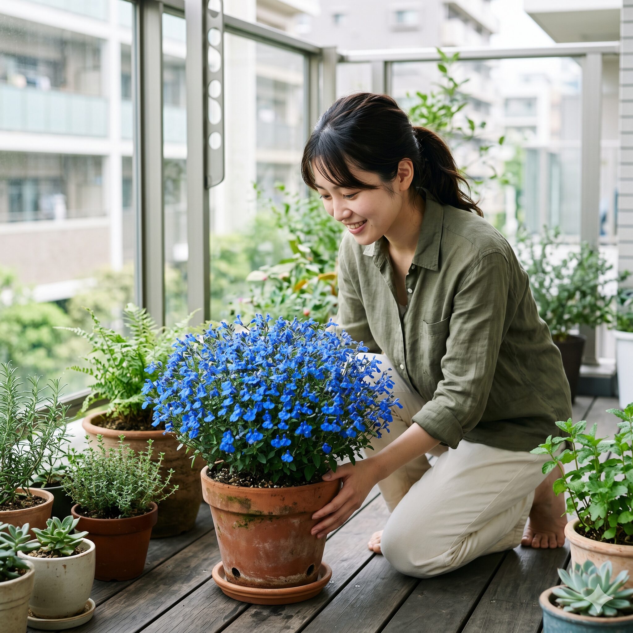 チェリーセージ 青4　鉢植えでコンパクトに育つチェリーセージ「ミラージュ」のコンテナガーデン