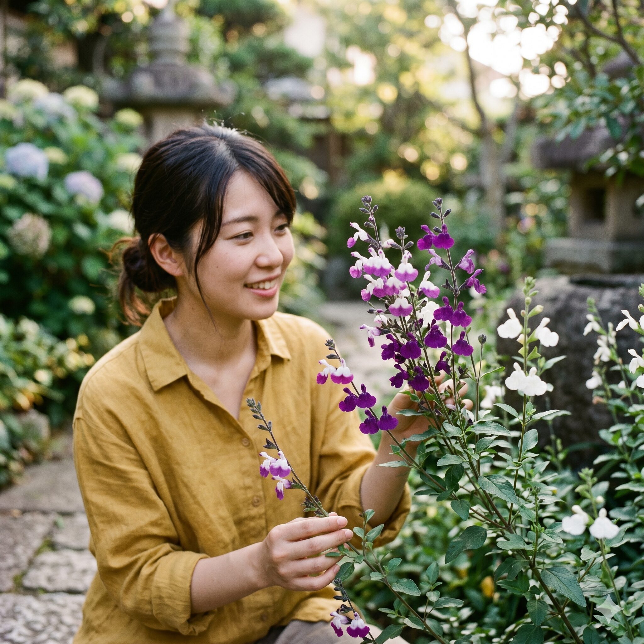 チェリーセージ 青5　紫と白のコントラストが美しいチェリーセージ「アメジストリップス」の花色変化