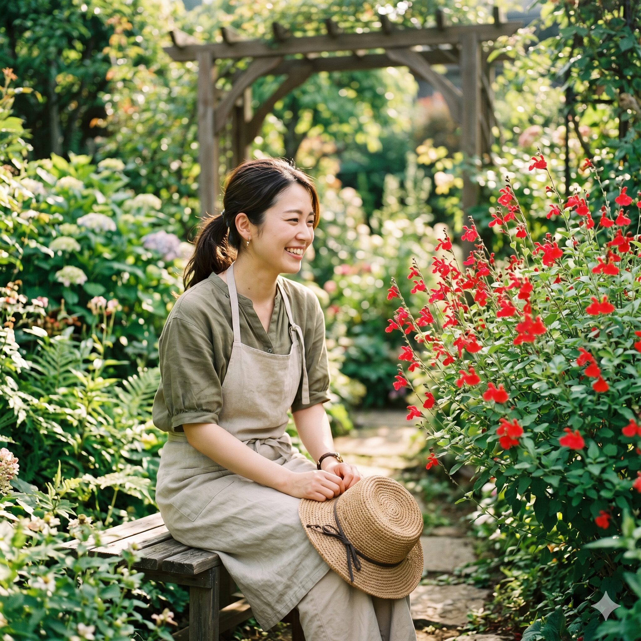 チェリーセージに似た花1　庭で満開の赤いチェリーセージを鑑賞する若い日本人女性のアイキャッチ画像
