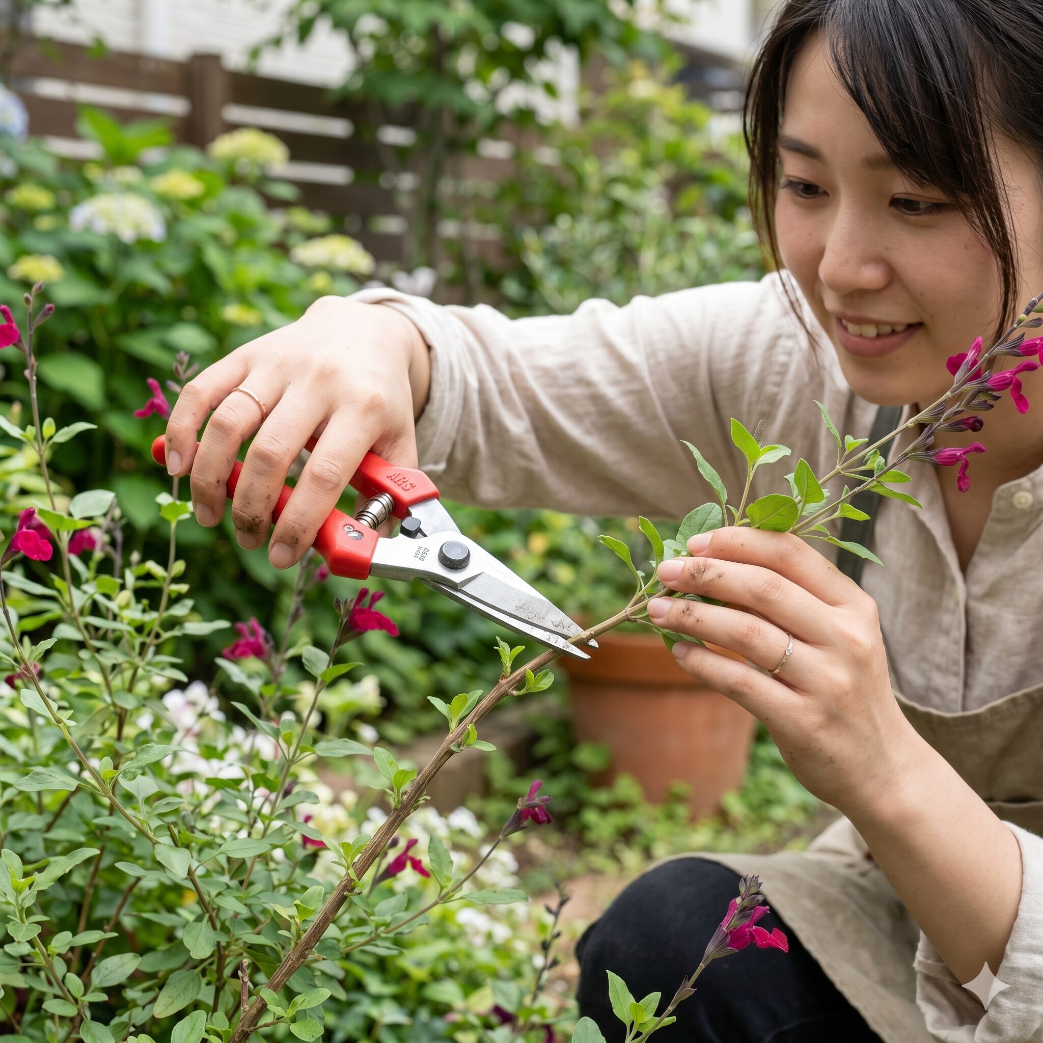 チェリーセージに似た花7　チェリーセージの冬越し対策として株元をマルチングする様子