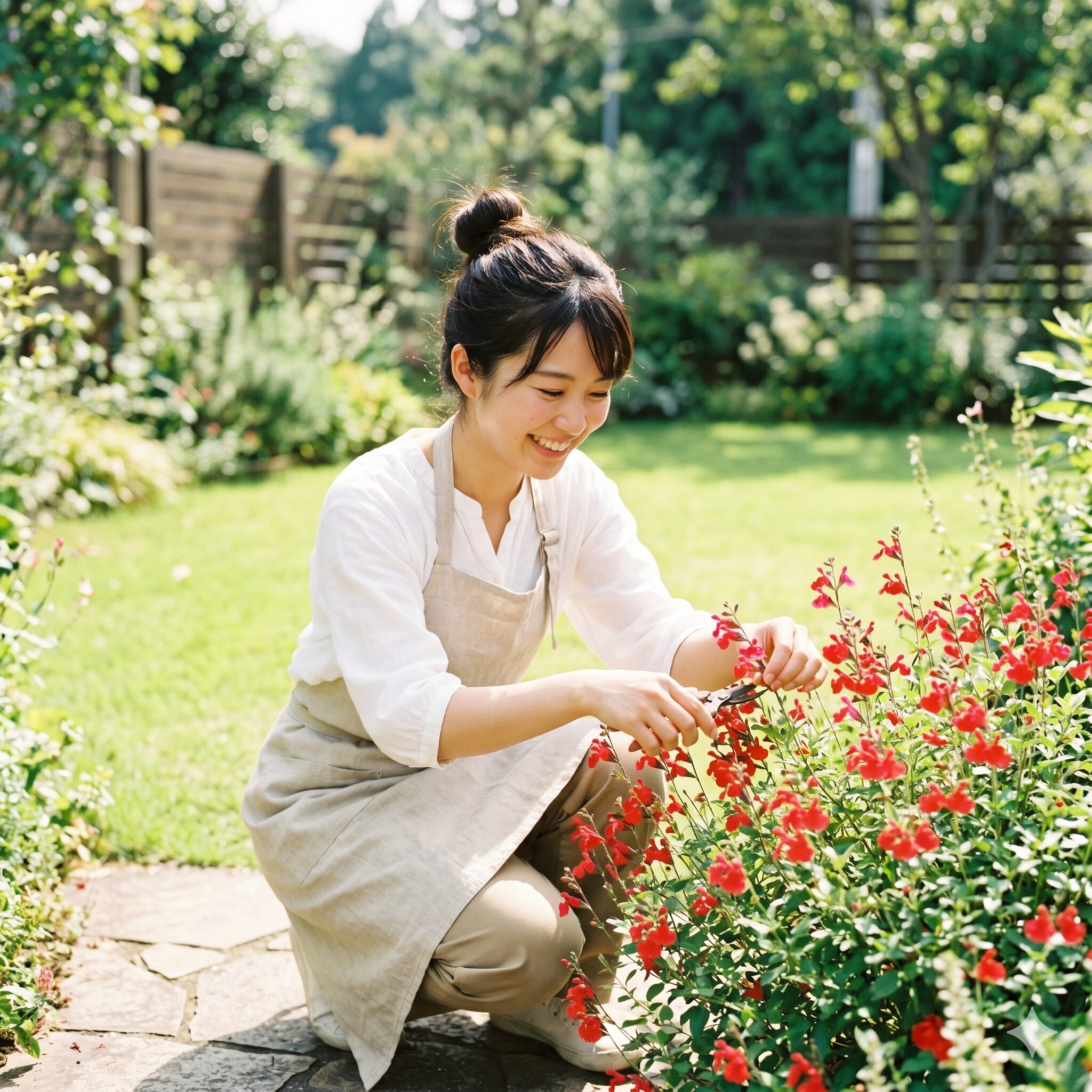チェリーセージ花が咲かない1　庭で満開のチェリーセージを笑顔で手入れする日本人女性のメインビジュアル。