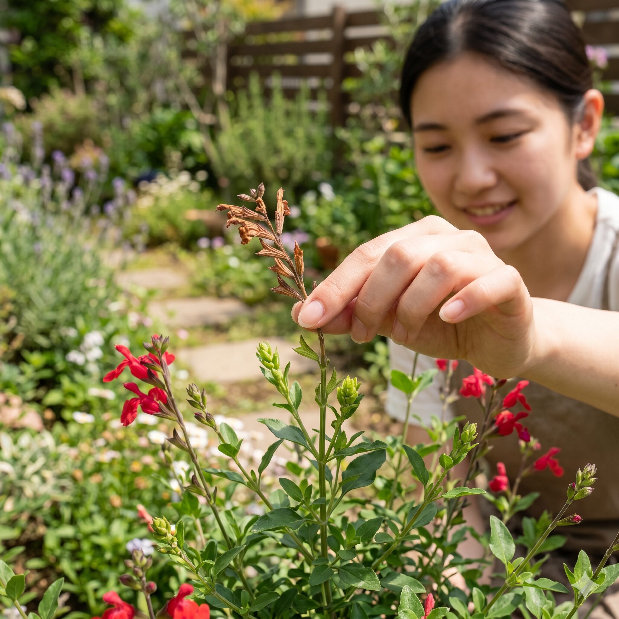 チェリーセージ花が咲かない10　連続開花を促進するために終わった花を摘み取る花がら摘みの作業。