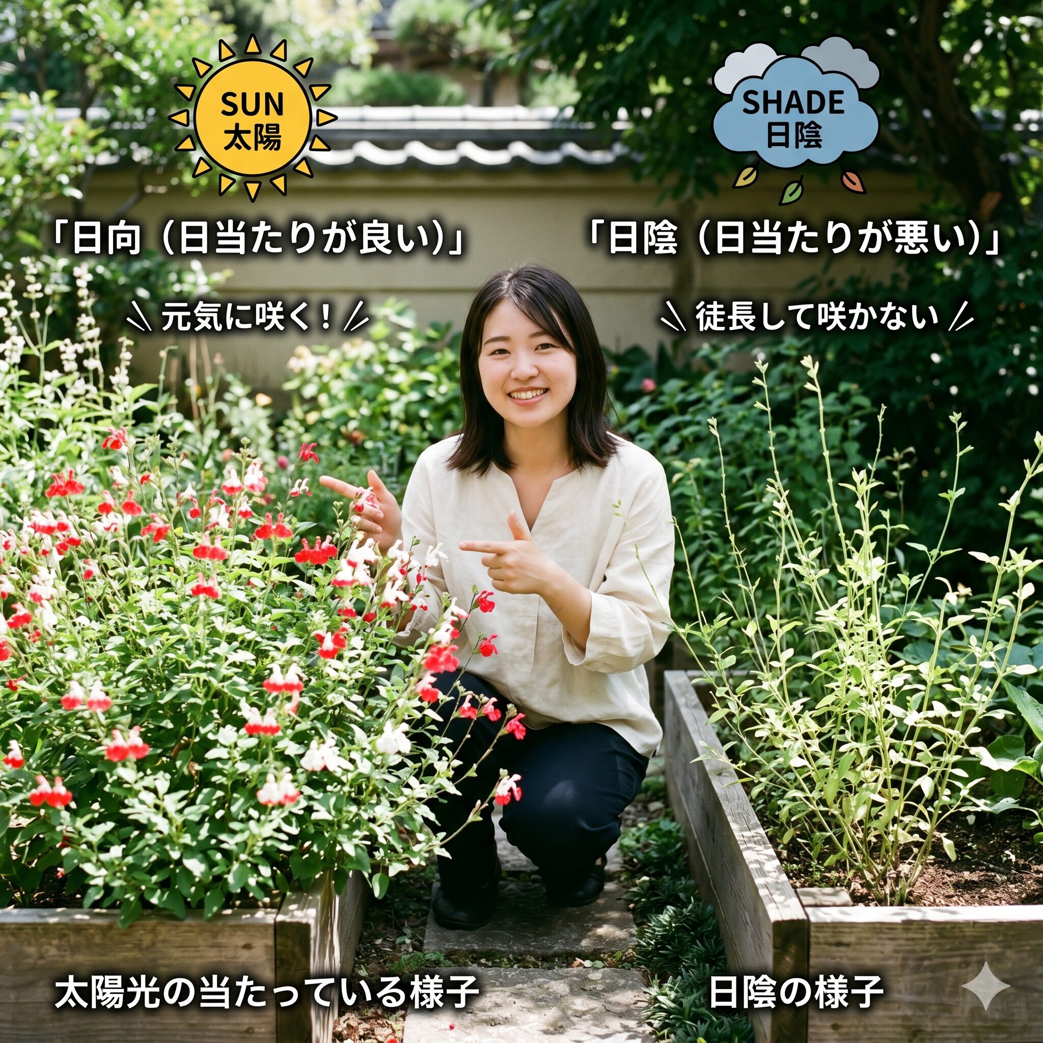 チェリーセージ花が咲かない2　日当たりが良い場所と日陰でのチェリーセージの成長や花付きの違いの比較。