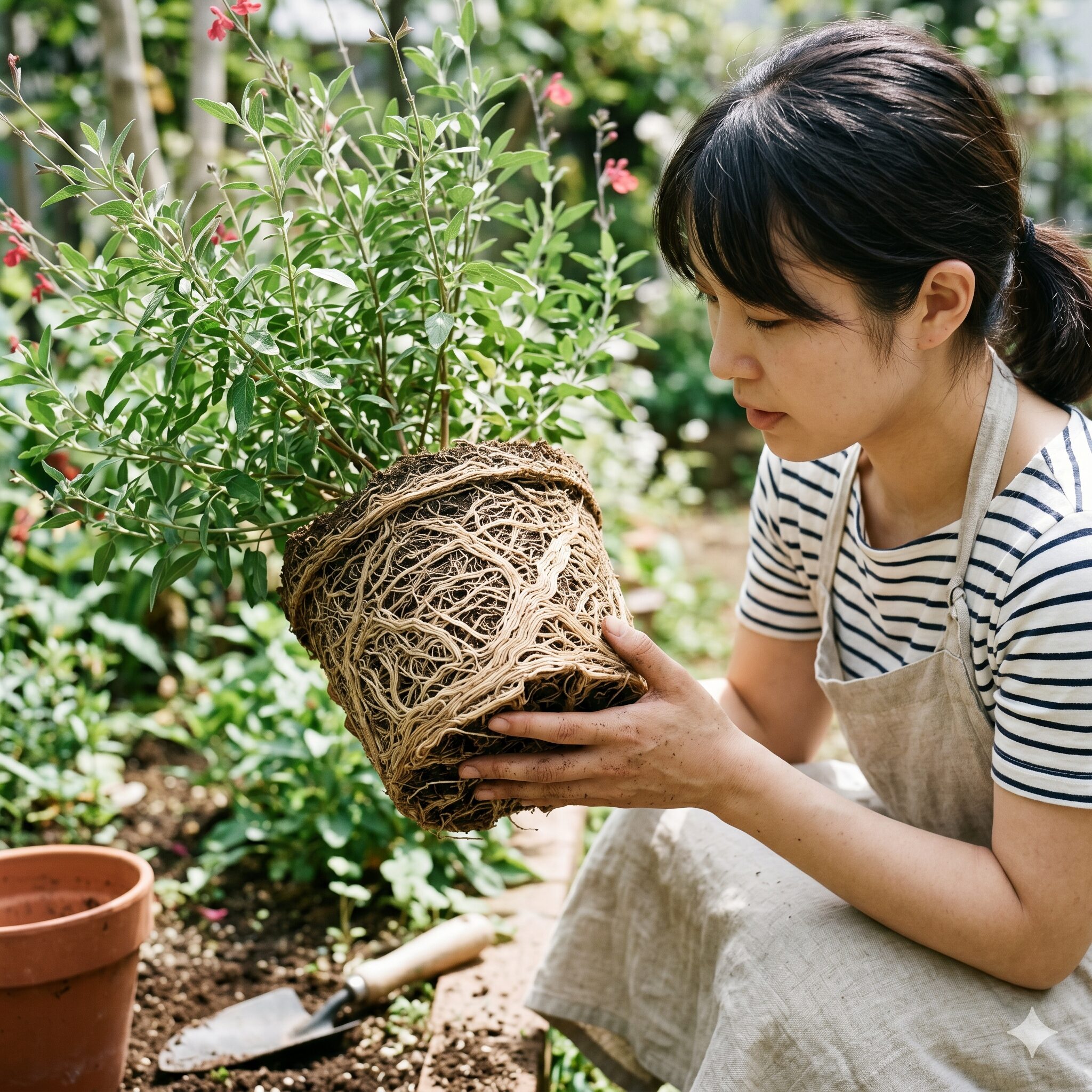 チェリーセージ花が咲かない4　鉢の中で根が旋回して根詰まりを起こしたチェリーセージの根の様子。
