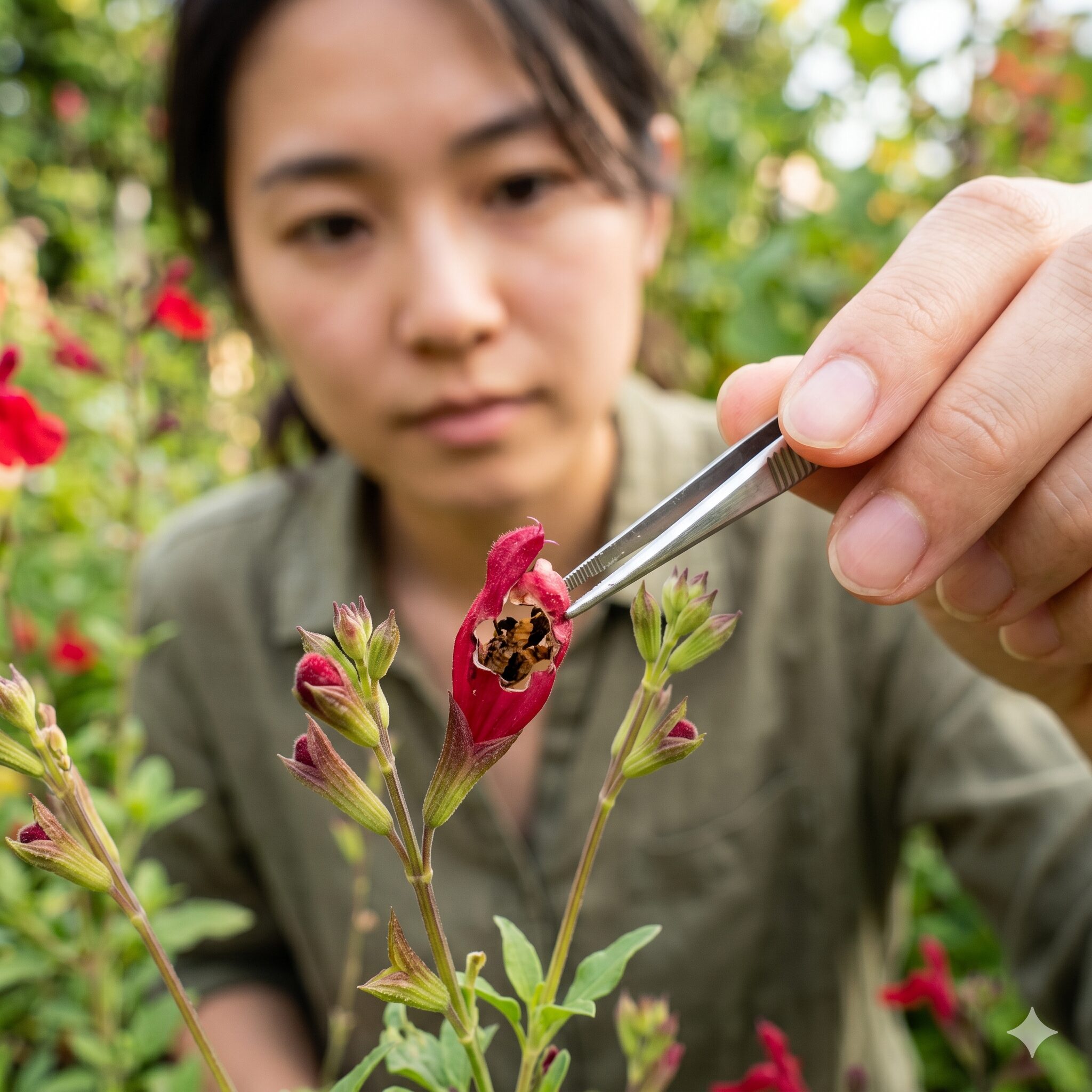 チェリーセージ花が咲かない5　タバコガの幼虫によって穴を開けられ食害されたチェリーセージの蕾。