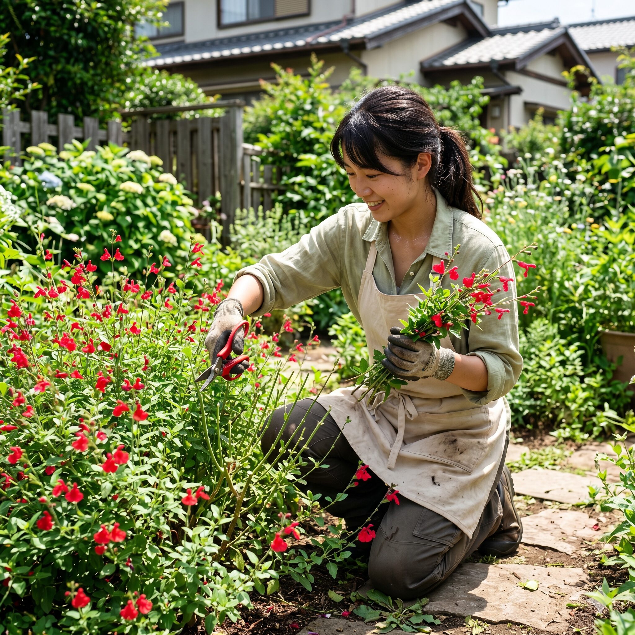 チェリーセージ花が咲かない8　夏の猛暑を乗り切り、秋に咲かせるための夏剪定の様子。
