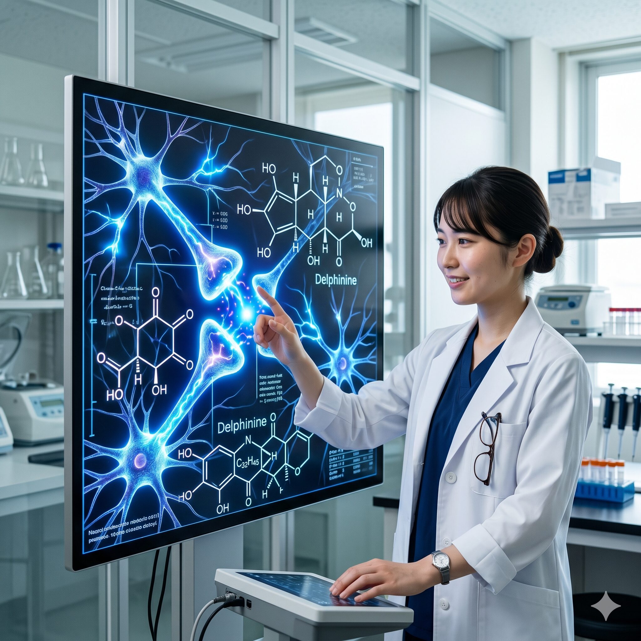 デルフィニウム 毒性3　デルフィニウムの毒性成分デルフィニンが神経系に作用する科学的イメージ図