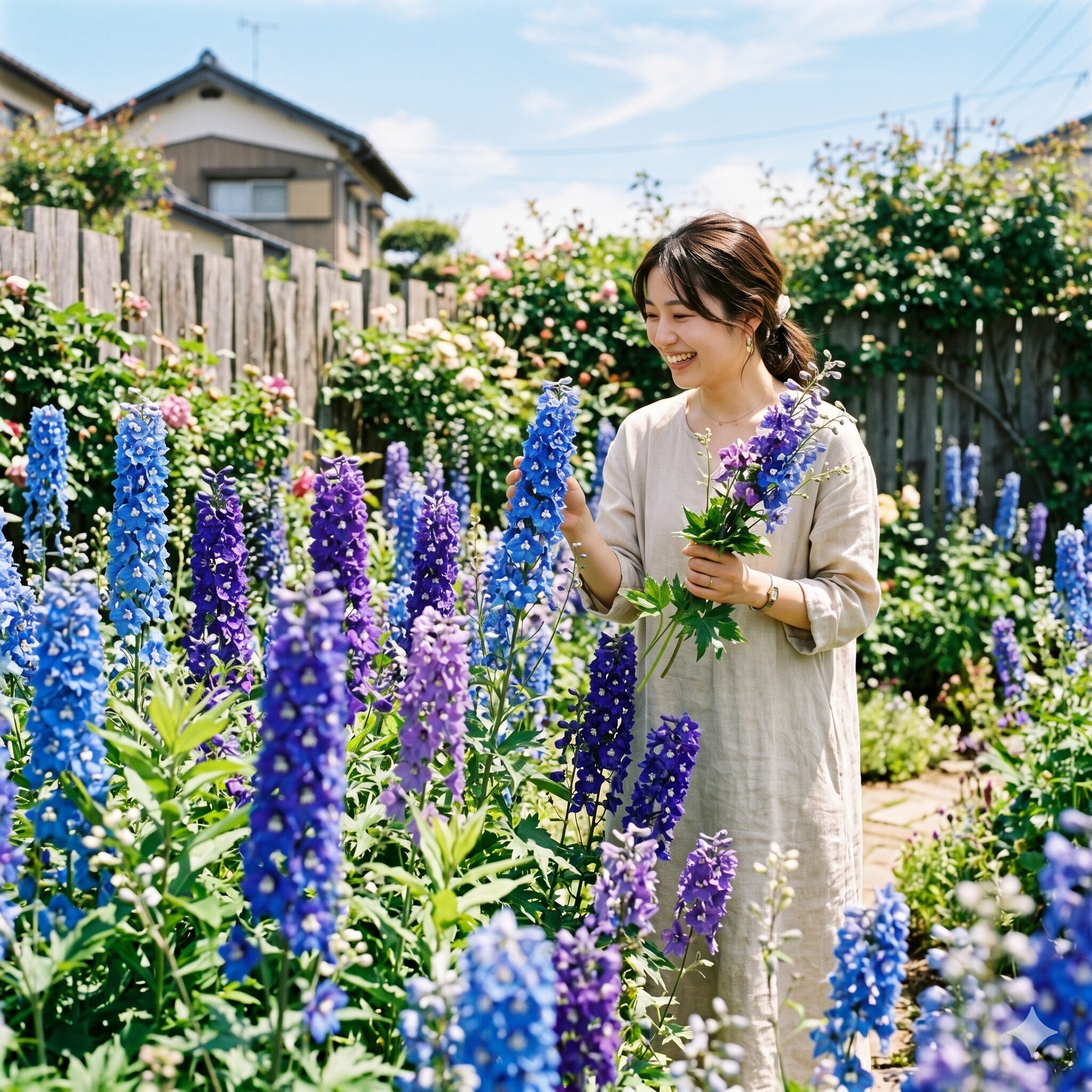 デルフィニウム 開花時期1　初夏の庭で満開のデルフィニウムを笑顔で鑑賞する若い日本人女性。開花時期の美しい景観。
