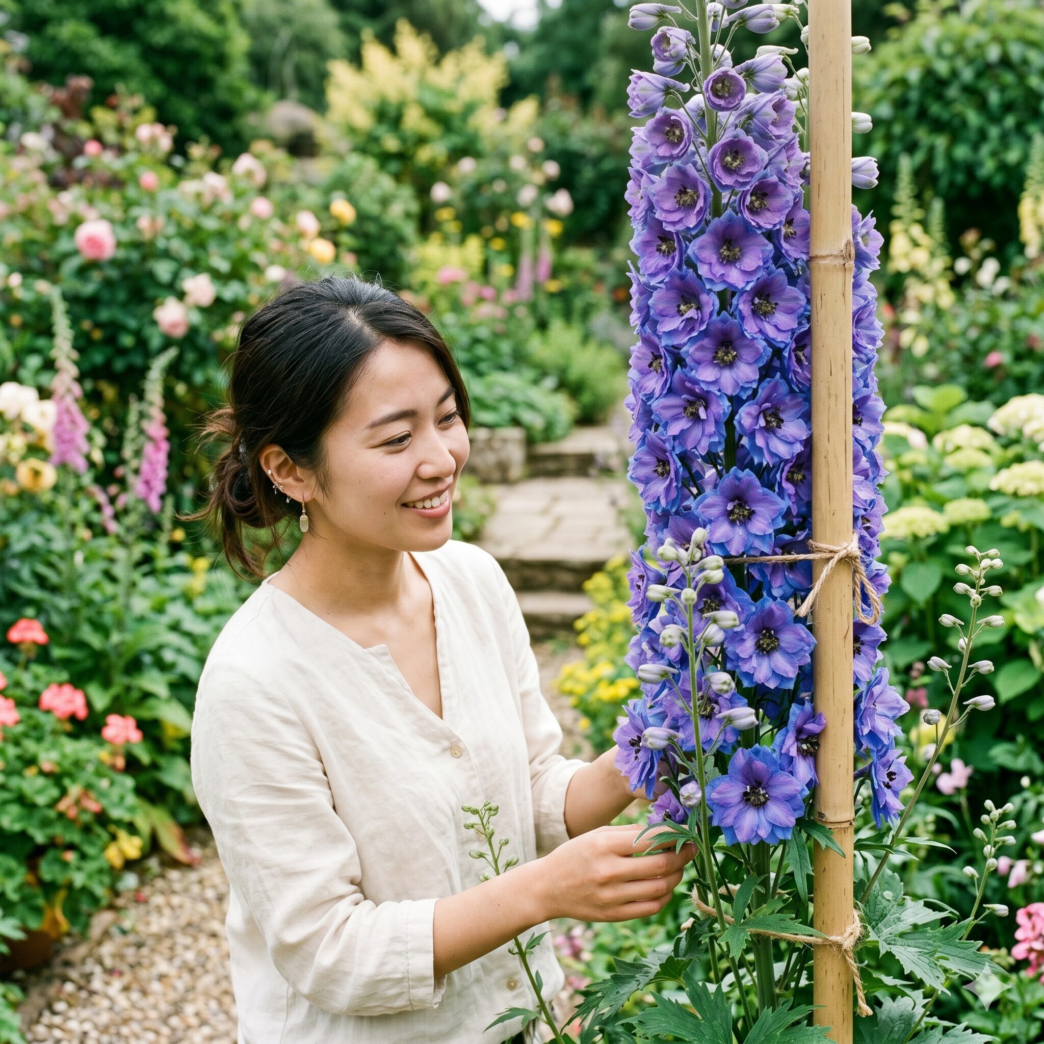 デルフィニウム 開花時期2　支柱で支えられた、背が高く豪華な八重咲きのデルフィニウム・エラータム系。